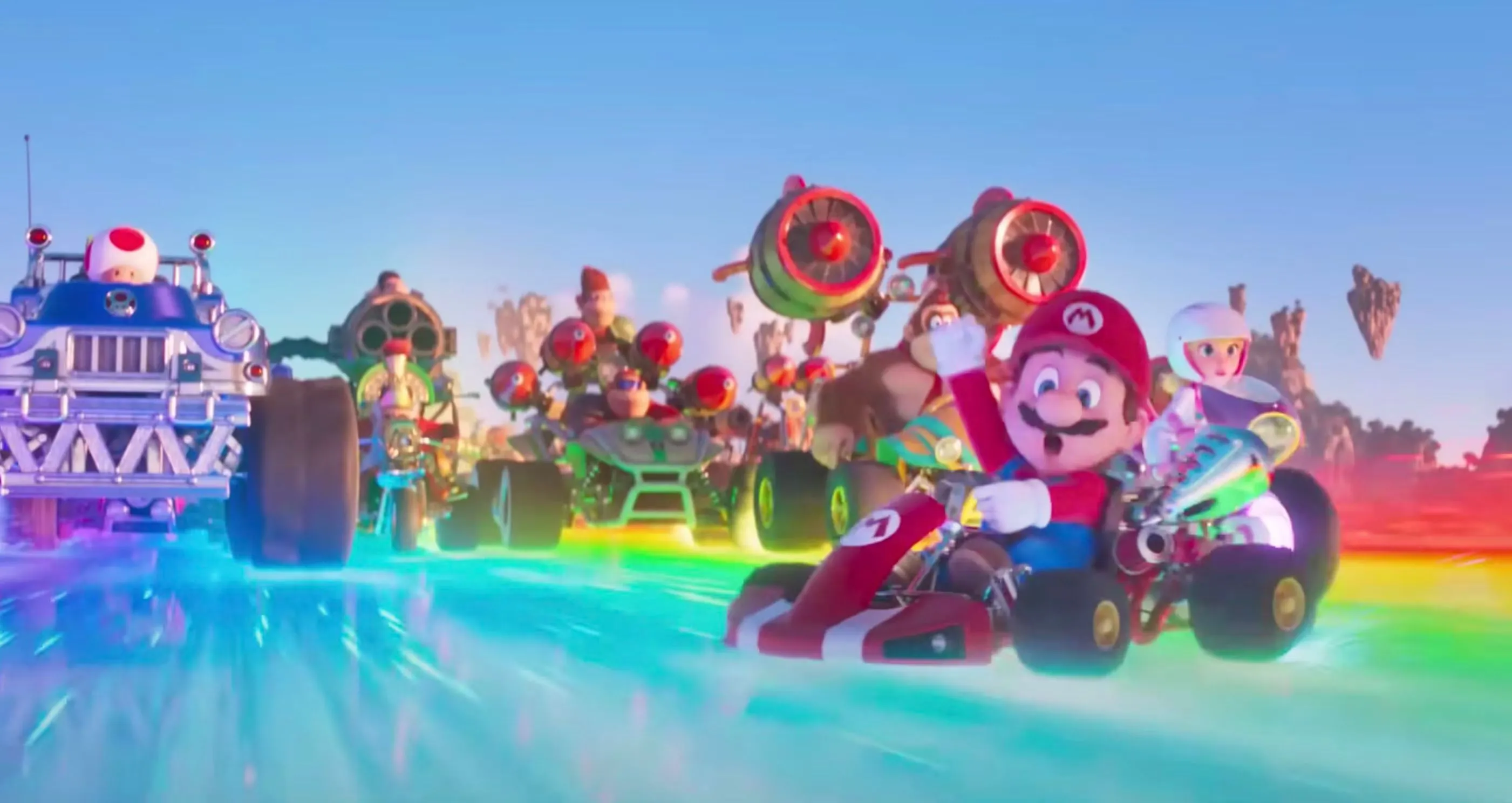 Mario đang đua xe kart trong thế giới Nấm, liên quan đến phim Super Mario