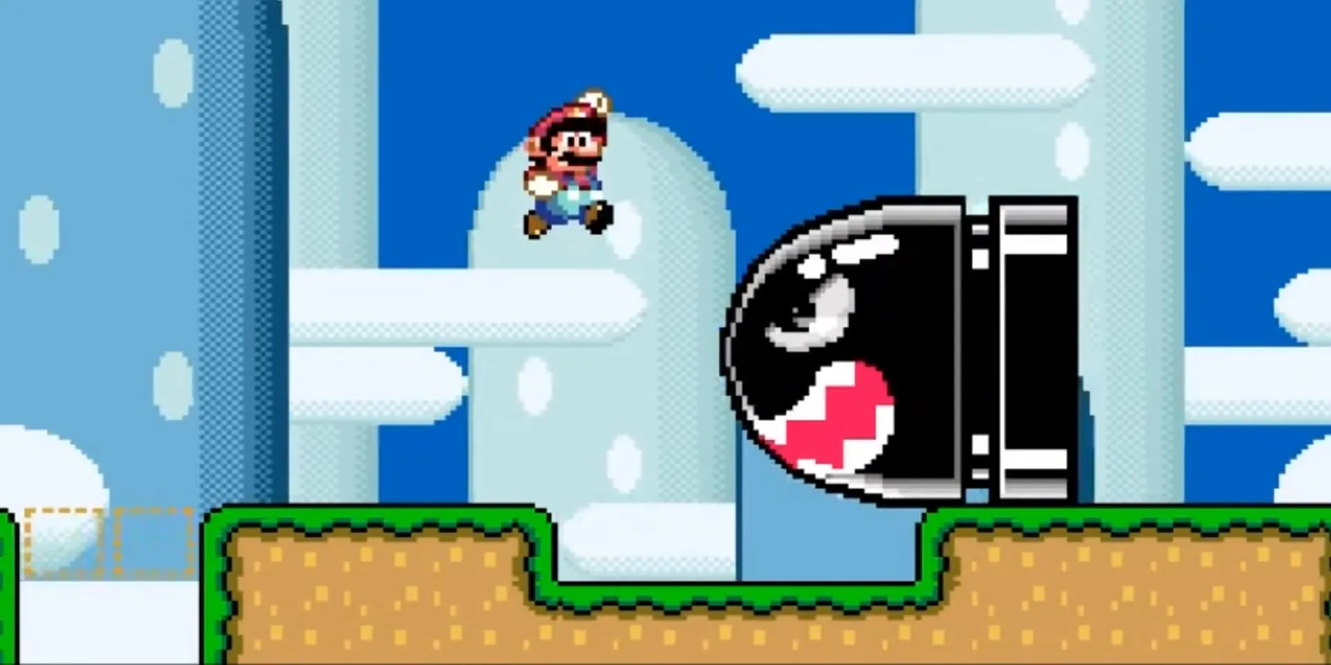 Mario nhảy qua một viên đạn Banzai Bill trong game Super Mario World