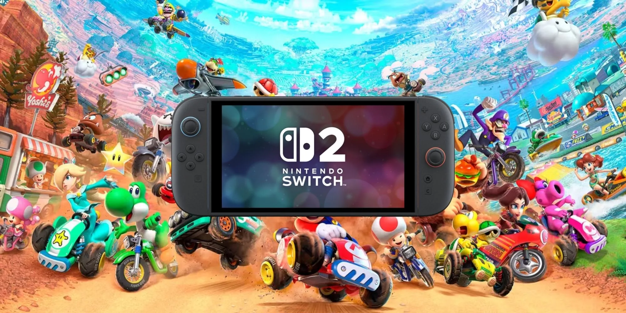 Máy chơi game Nintendo Switch 2 với hình nền game Mario Kart World.