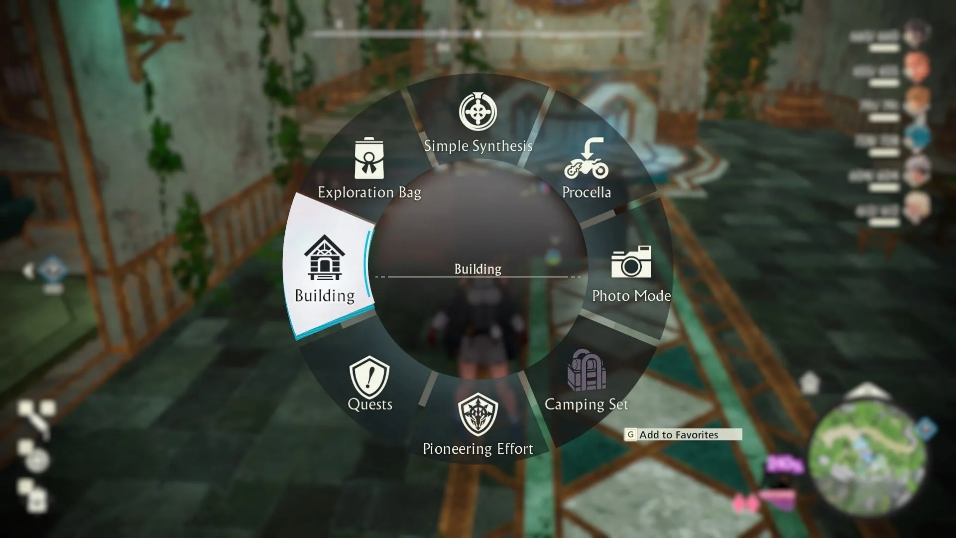 Menu vòng (radial menu) để truy cập tùy chọn xây dựng căn cứ trong Atelier Yumia