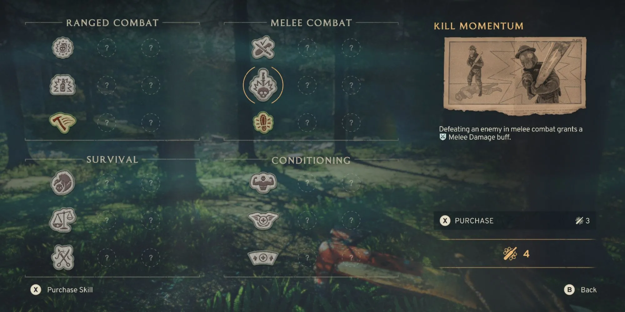 Minh họa kỹ năng Quán Tính Hạ Gục (Kill Momentum) trong Atomfall, tăng sát thương cận chiến sau mỗi mạng
