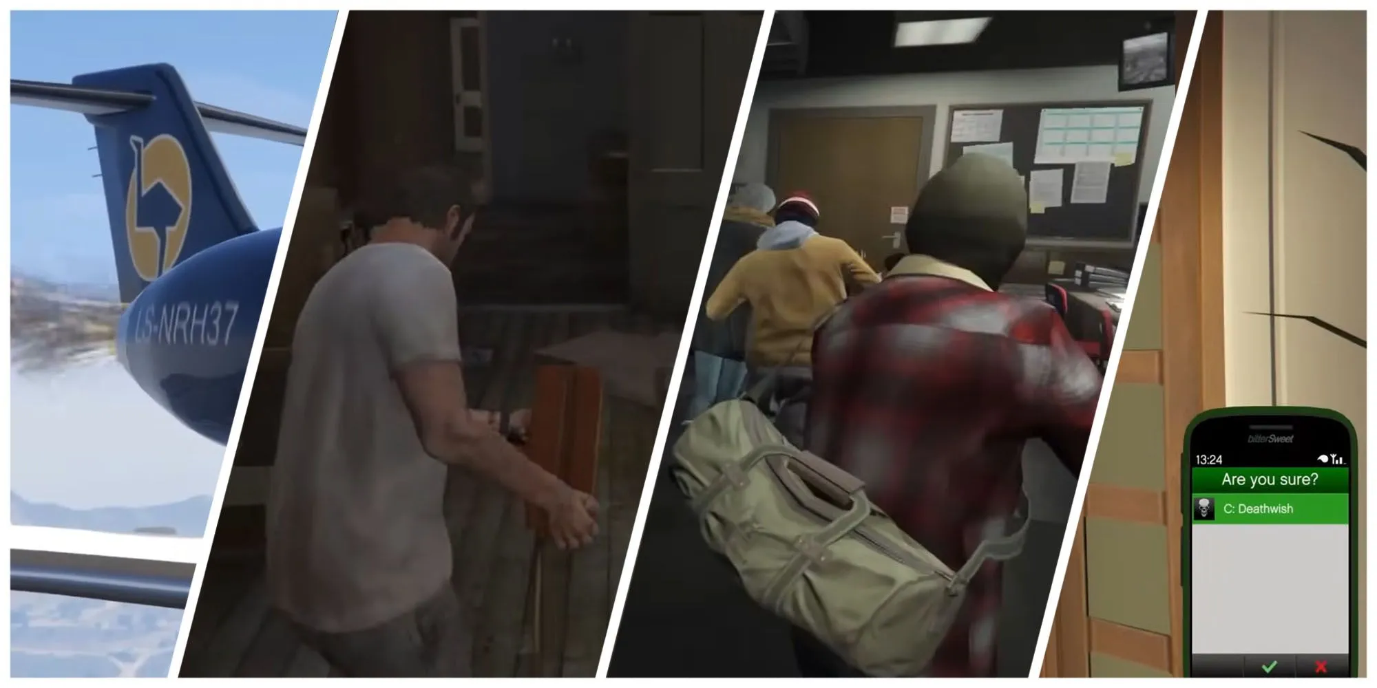Một cảnh hành động kịch tính trong nhiệm vụ cốt truyện của Grand Theft Auto V, với các nhân vật chính tham gia vào một cuộc đọ súng gay cấn.