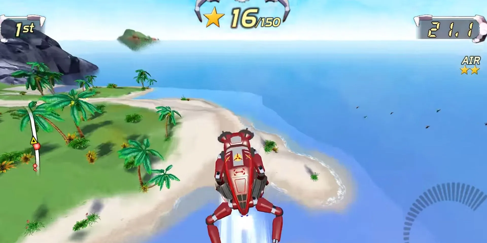 Một chiếc xe robot đang bay khỏi một cú nhảy trong game Excitebots: Trick Racing