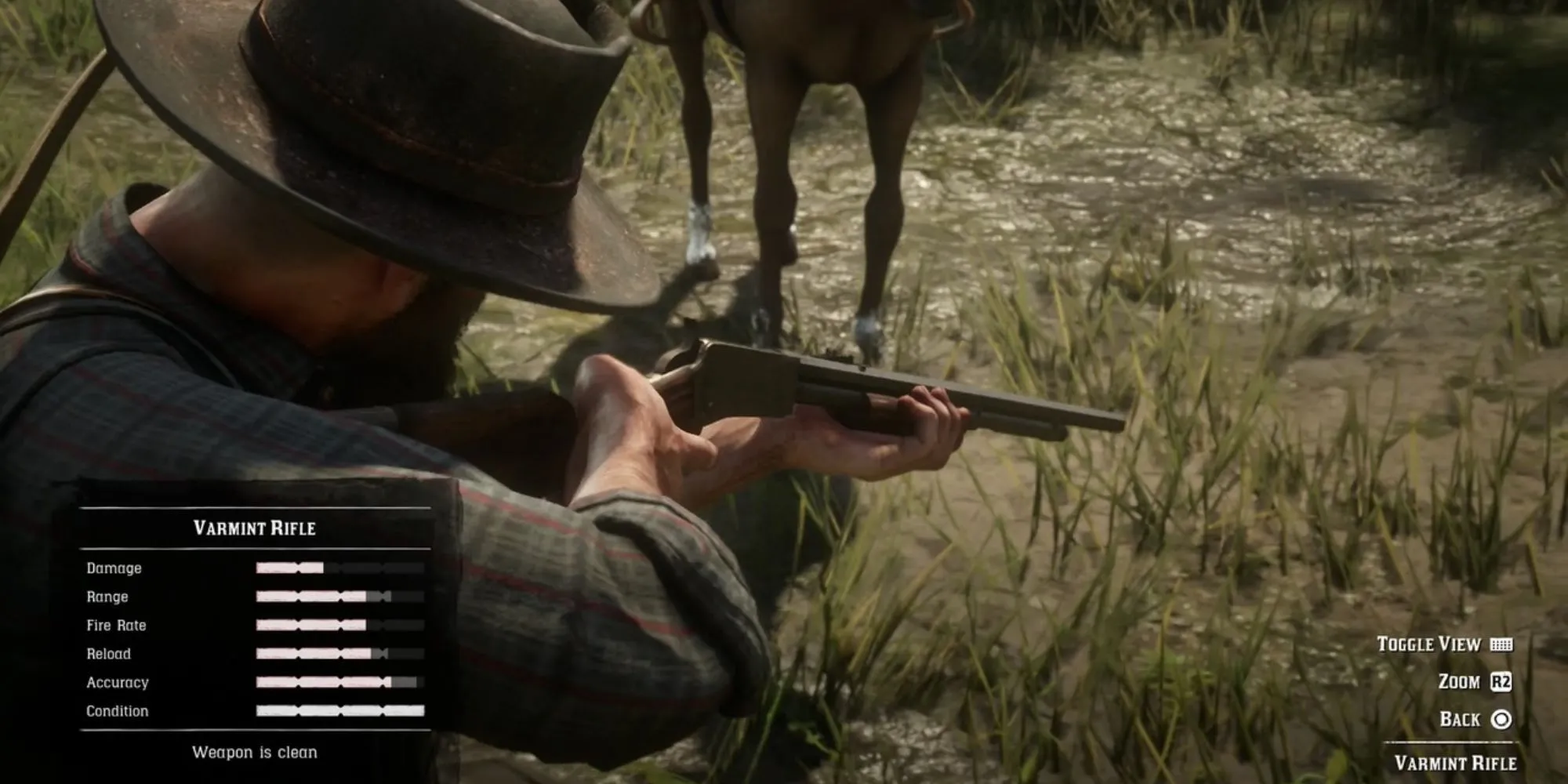 Một khẩu súng trường Varmint Rifle trong Red Dead Redemption 2, thể hiện sự chi tiết trong vũ khí thời kỳ đó
