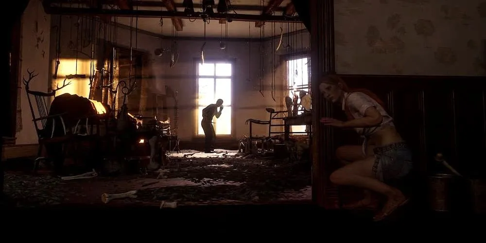 Một nạn nhân đang lén lút ẩn nấp khỏi kẻ đi săn trong game kinh dị The Texas Chain Saw Massacre.