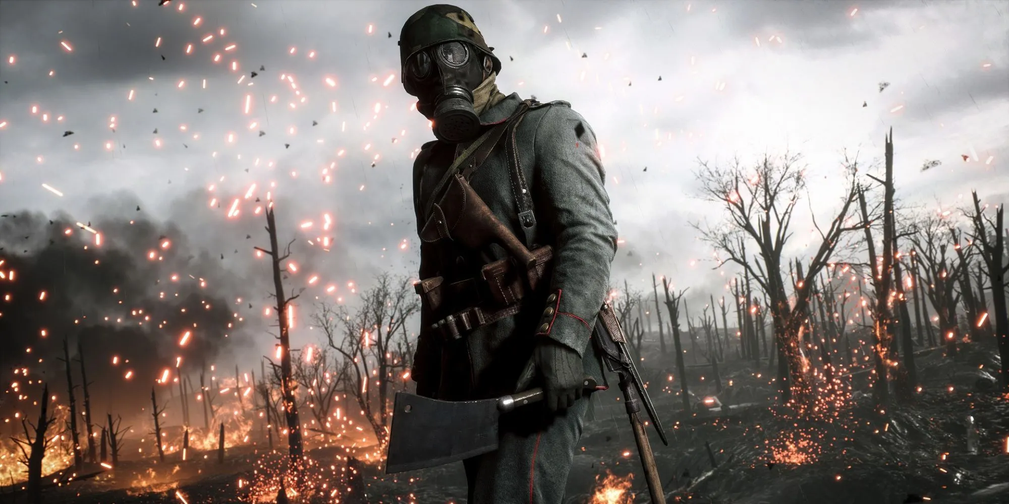 Một người lính đeo mặt nạ trong Battlefield 1 với bối cảnh chiến tranh phía sau