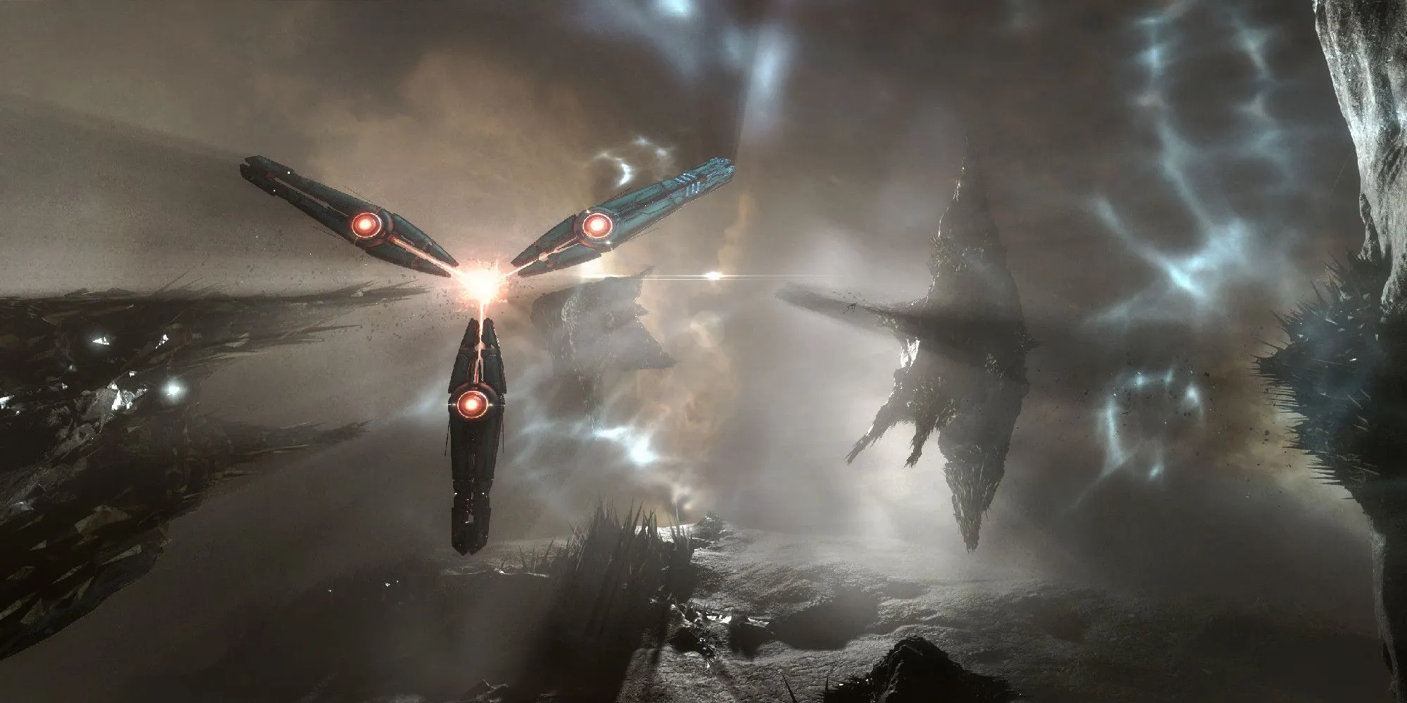 Một nhóm phi thuyền nhỏ tiếp cận tàu mẹ khổng lồ trong EVE Online