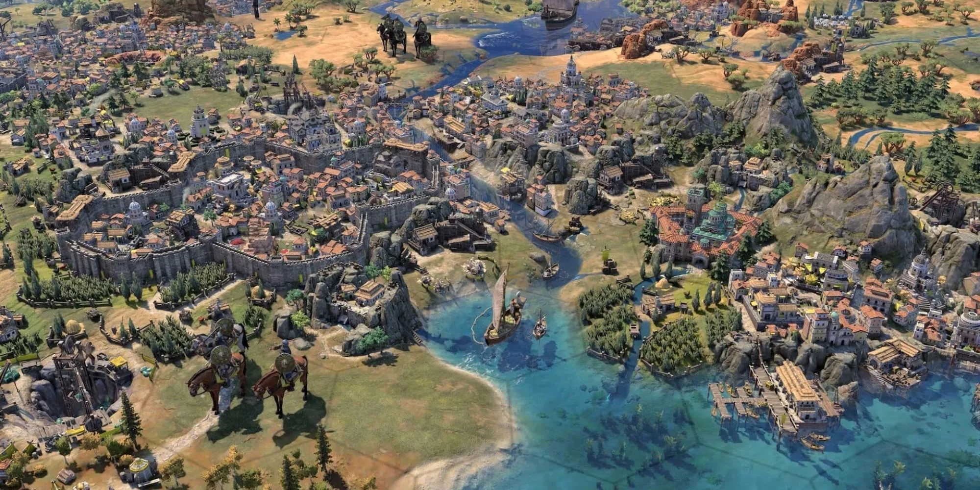 Một thành phố phát triển trong Civilization 7 với nhiều công trình đặc trưng