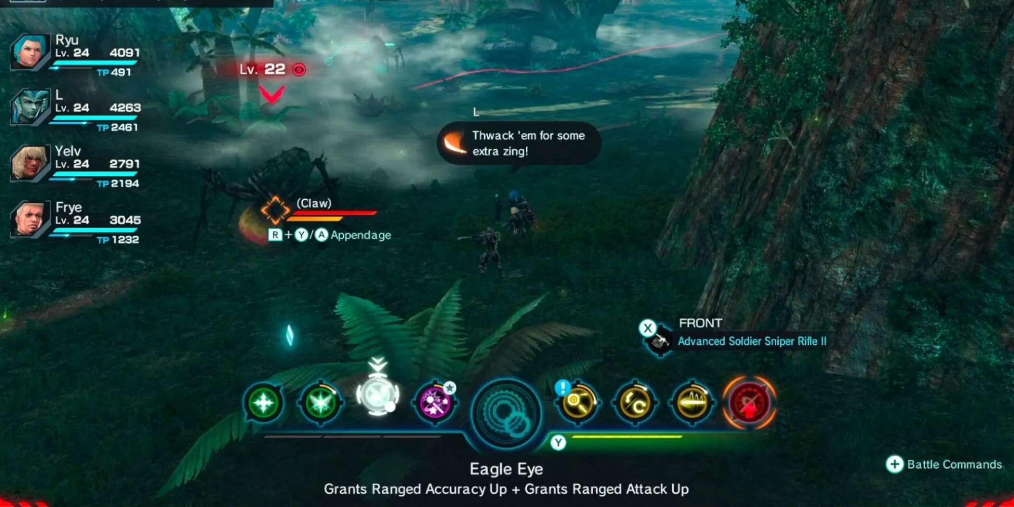 Một trận chiến trong Xenoblade Chronicles X với nhiều hiệu ứng kỹ năng và thông tin hiển thị trên màn hình.