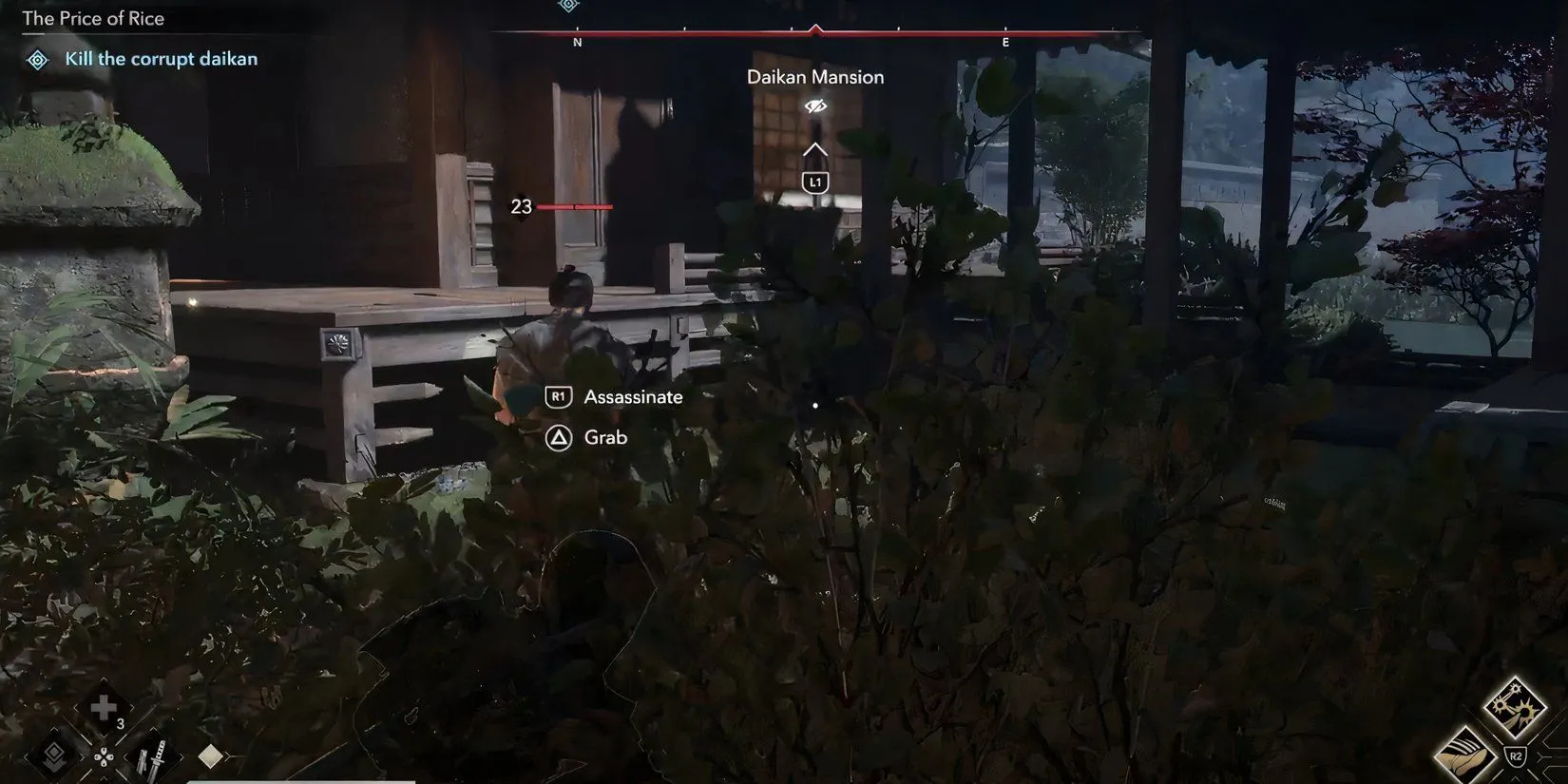 Naoe thực hiện đòn ám sát lên tên Daikan tham nhũng trong Assassin's Creed Shadows.