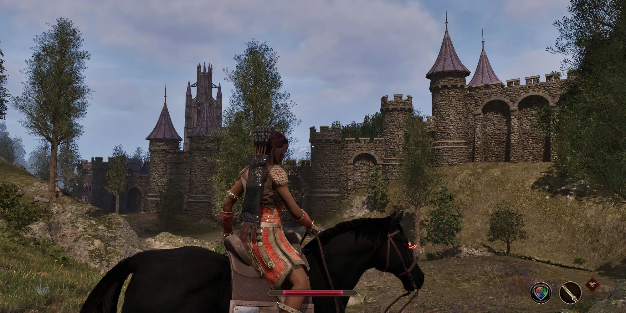 Người chơi cưỡi ngựa di chuyển trong thành phố Cheydinhal của Oblivion Remastered