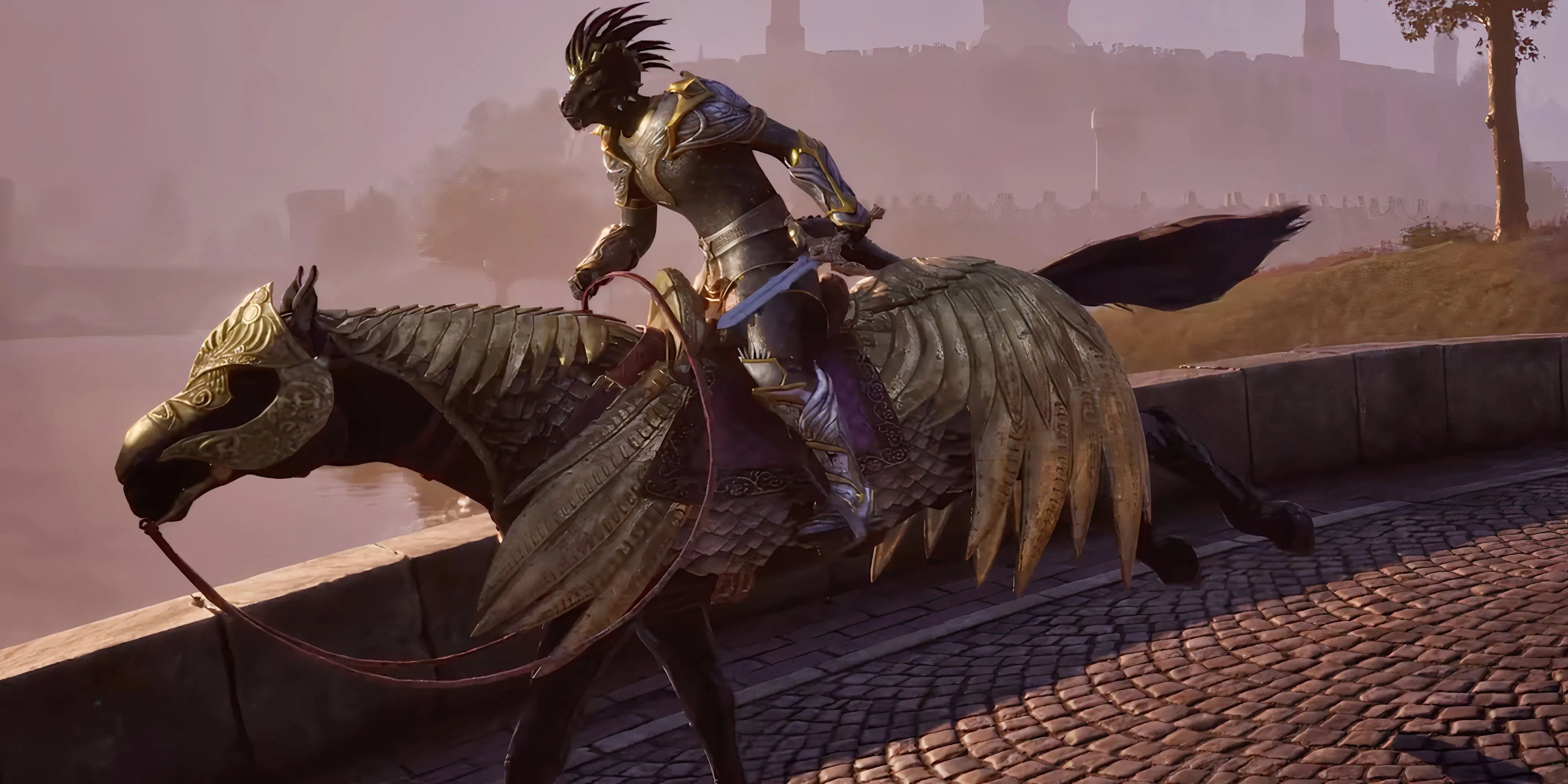 Người chơi cưỡi ngựa đi trên con đường ở vùng nông thôn Cyrodiil trong Oblivion Remastered, thể hiện phương tiện di chuyển cần thiết để khám phá thế giới game rộng lớn