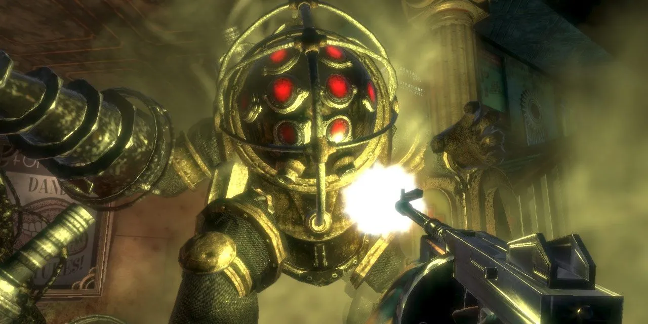 Người chơi Jack bắn Big Daddy bằng súng máy trong BioShock - Ví dụ về &quot;kho vũ khí trong túi quần&quot;
