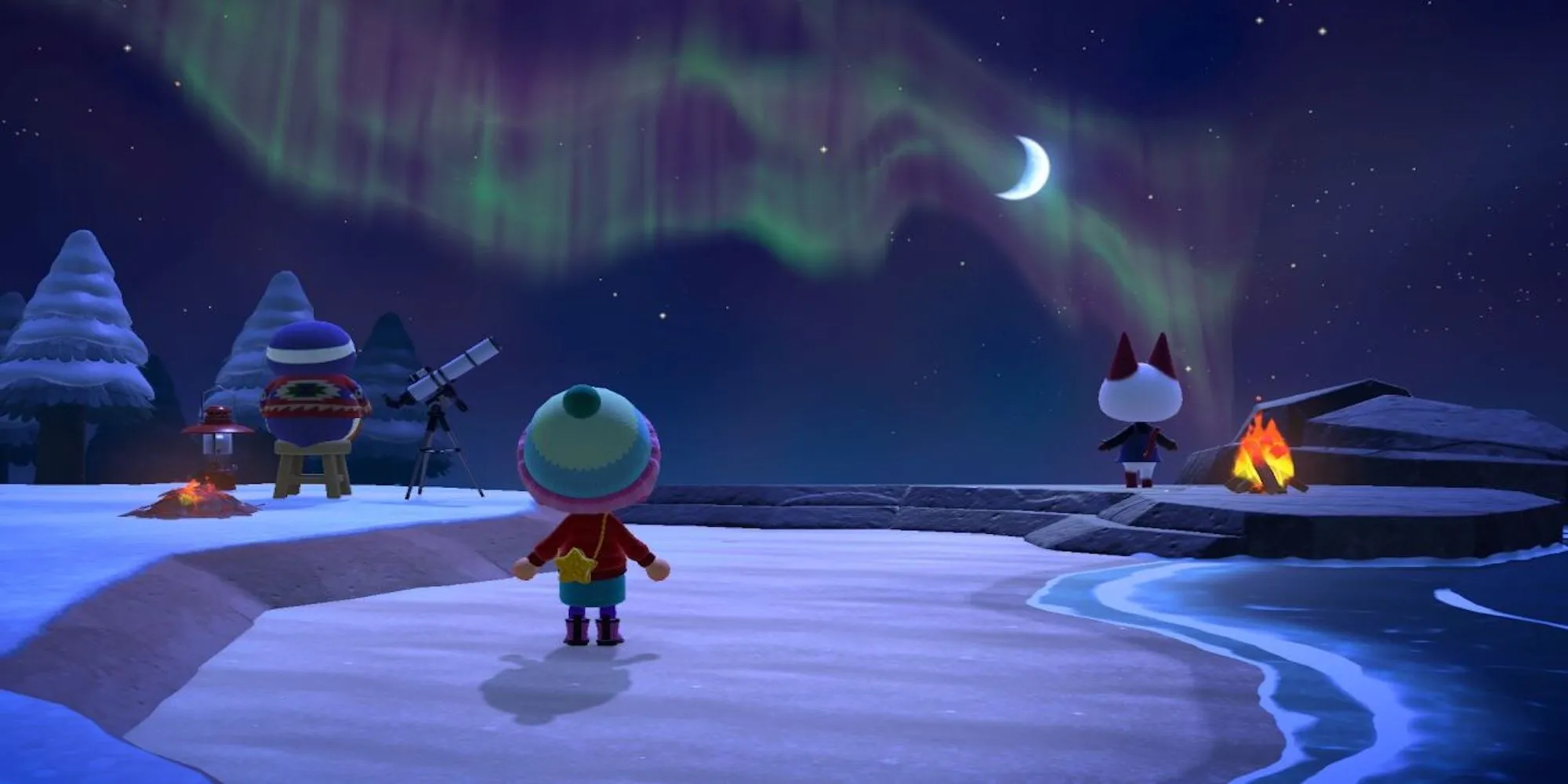 Người chơi và các dân làng động vật cùng nhau ngắm bầu trời đêm trong Animal Crossing: New Horizons