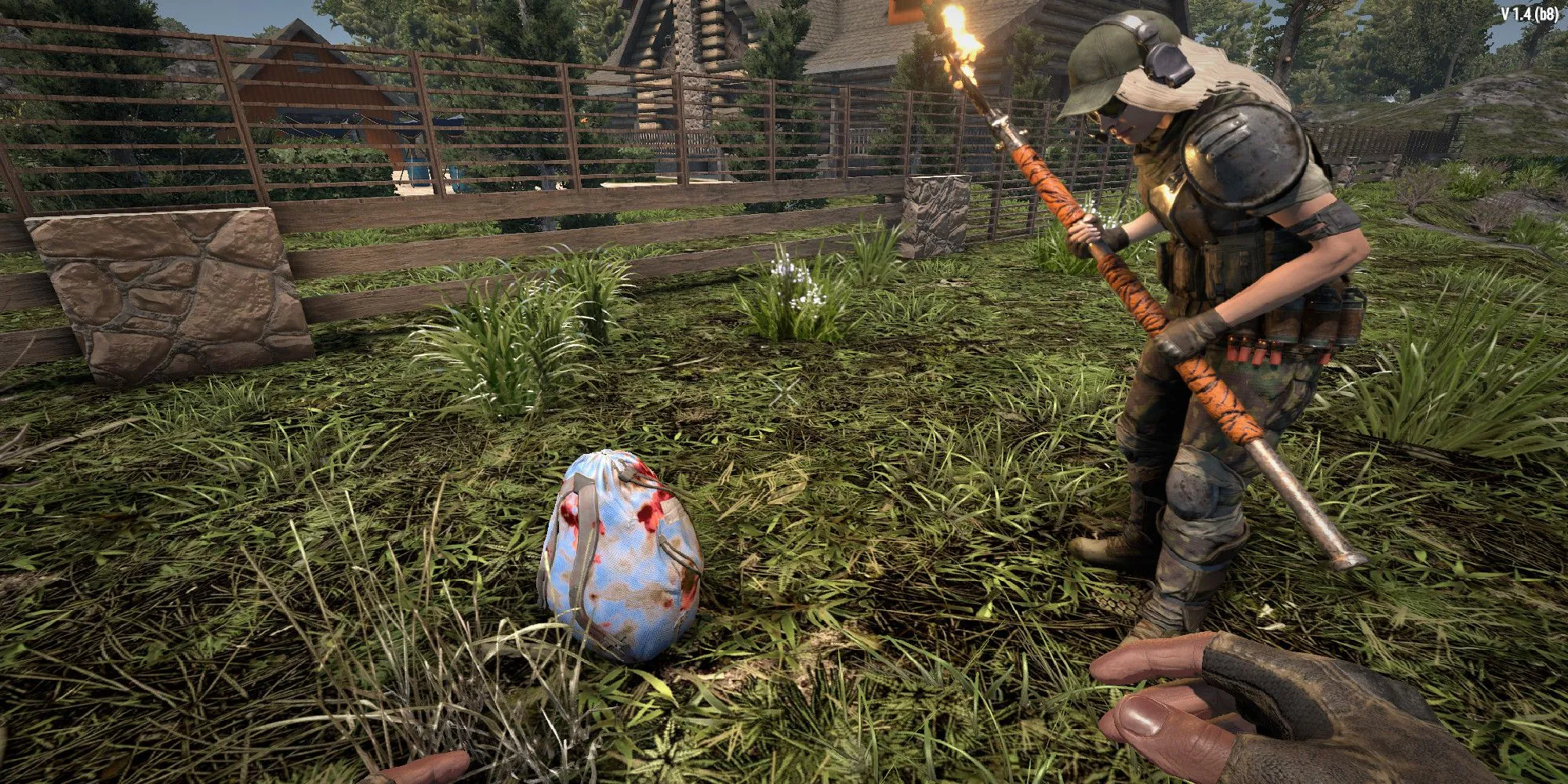 Người chơi với perk Lucky Looter đang loot một chiếc túi rơi ra trong 7 Days to Die