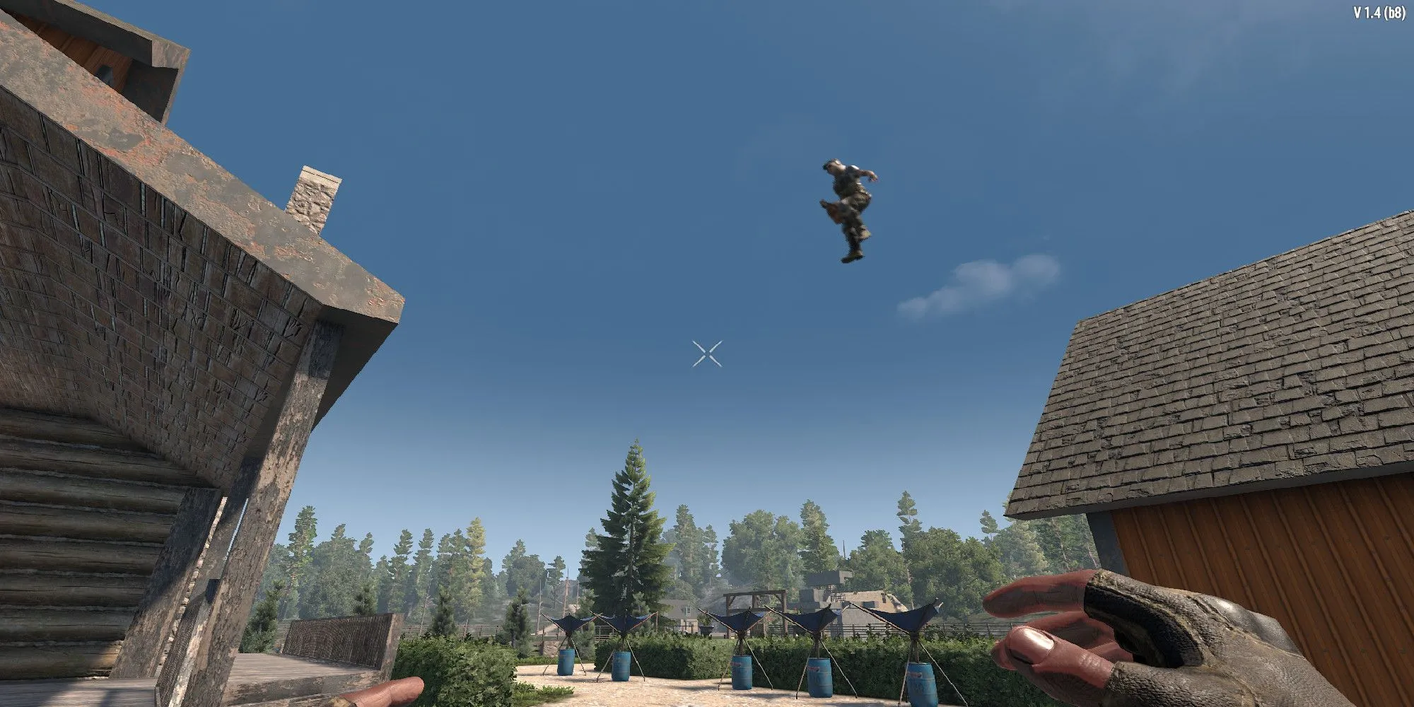 Người chơi với perk Parkour nhảy từ mái nhà này sang mái nhà khác trong 7 Days to Die