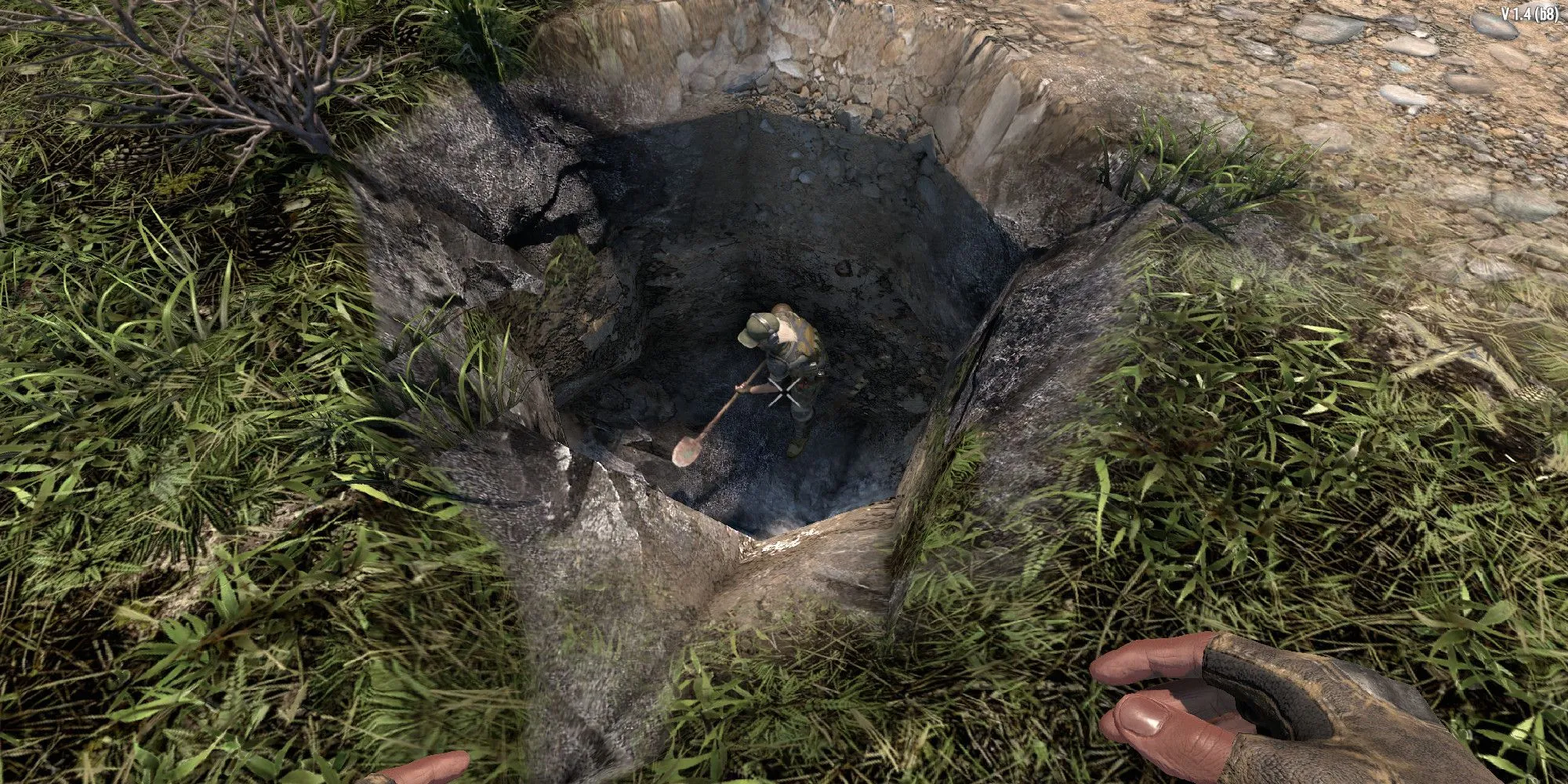 Người chơi với perk Treasure Hunter đang đào tìm kho báu trong 7 Days to Die