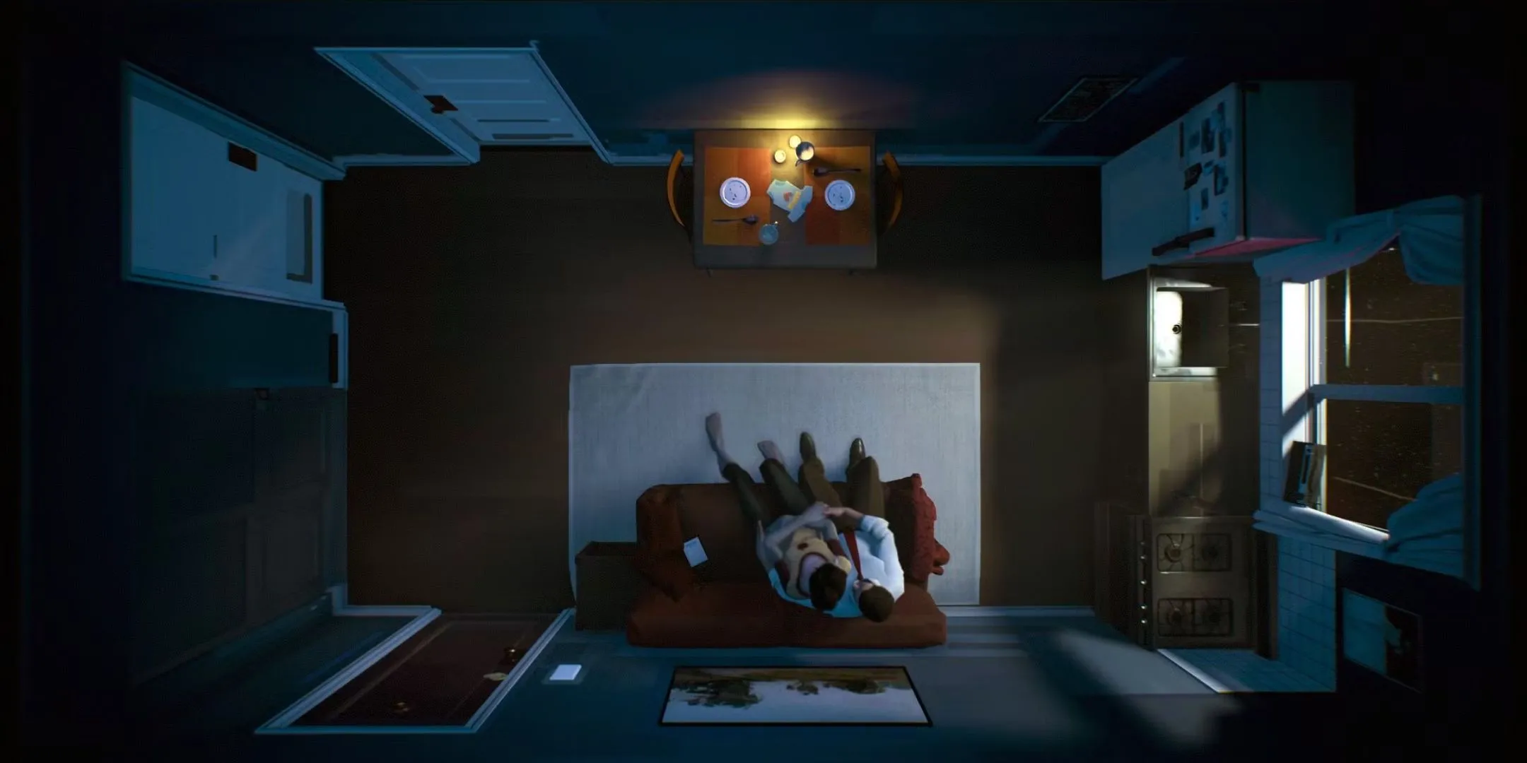 Người chồng và người vợ ngồi trên ghế sofa trong game Twelve Minutes