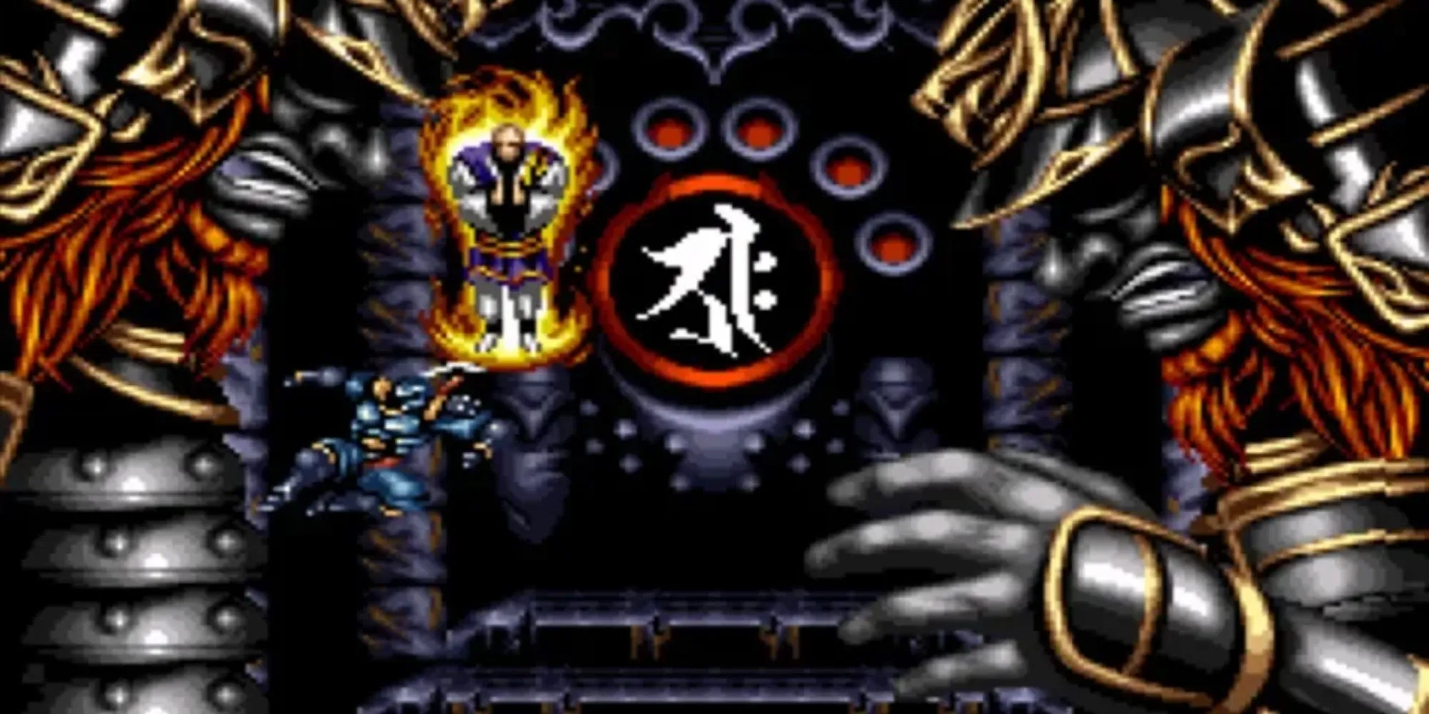 Người máy ninja Hagane thực hiện đòn đánh trong game Hagane: The Final Conflict trên SNES
