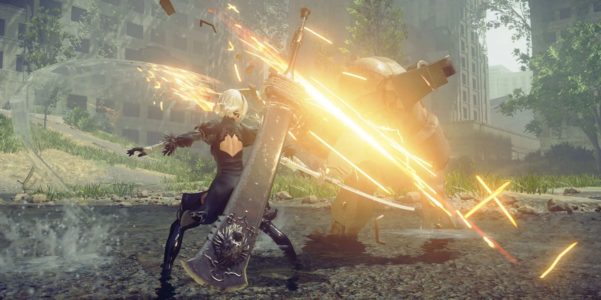 Nhân vật 2B tấn công robot trong game NieR Automata