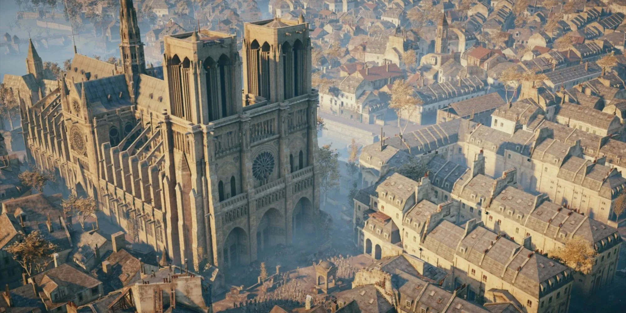 Nhân vật Arno Dorian trong Assassin's Creed Unity nhìn xuống thành phố Paris hoa lệ từ trên nóc nhà thờ