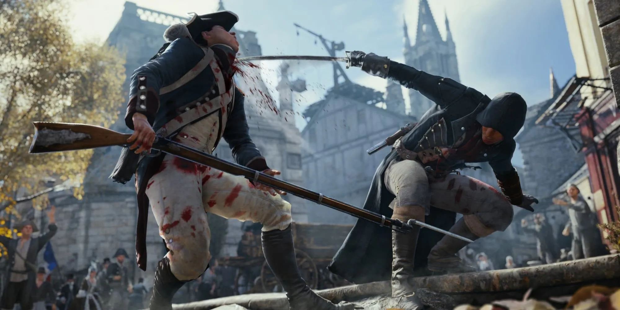 Nhân vật Assassin đang hạ gục một người lính trong bối cảnh cách mạng Pháp của Assassin's Creed Unity