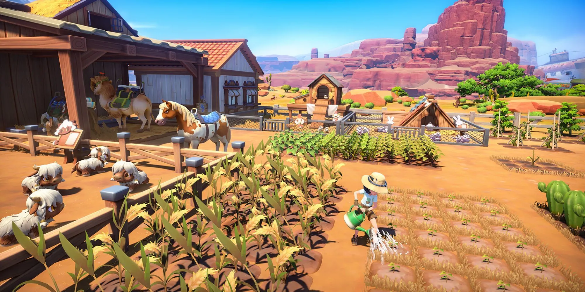 Nhân vật chăm sóc cây trồng trong game My Time At Sandrock với bối cảnh sa mạc