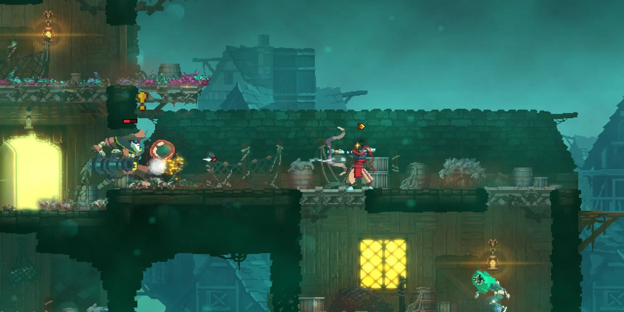 Nhân vật chính chiến đấu trong môi trường pixel art của Dead Cells, thể hiện lối chơi chặt chém platformer nhanh.