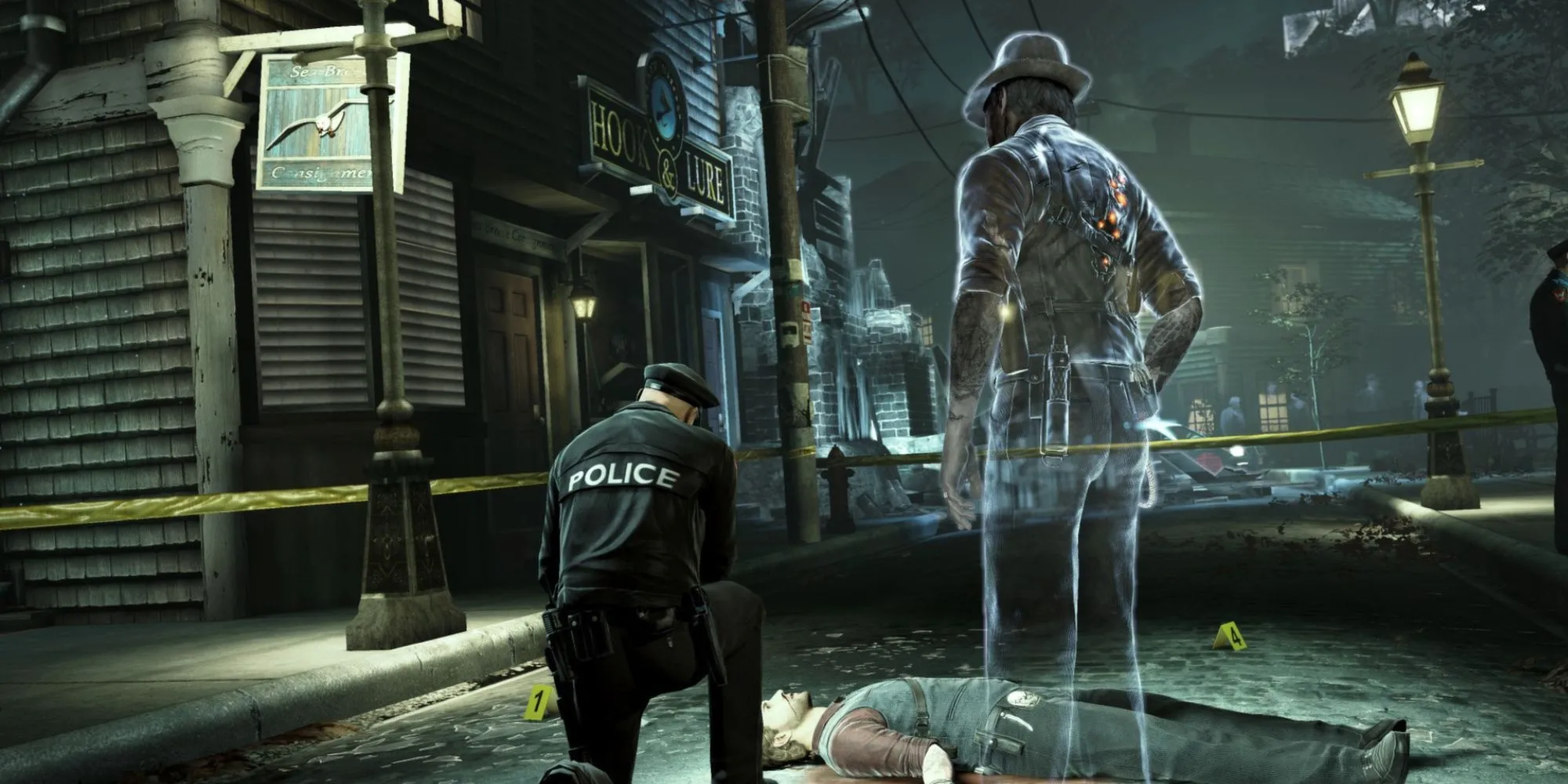 Nhân vật chính của Murdered Soul Suspect đứng trên hiện trường vụ án của mình