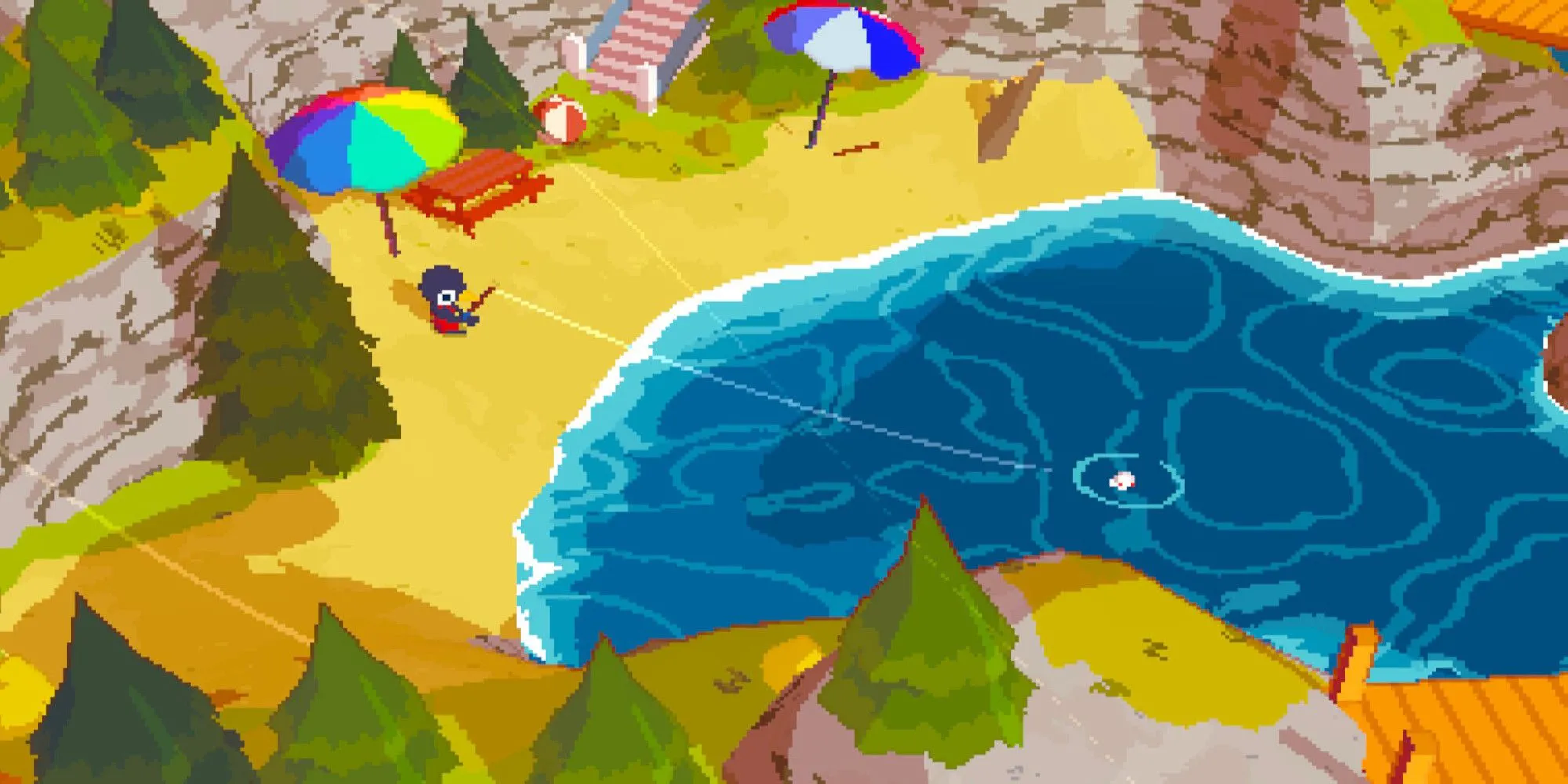 Nhân vật chính đang câu cá trên bãi biển trong game A Short Hike