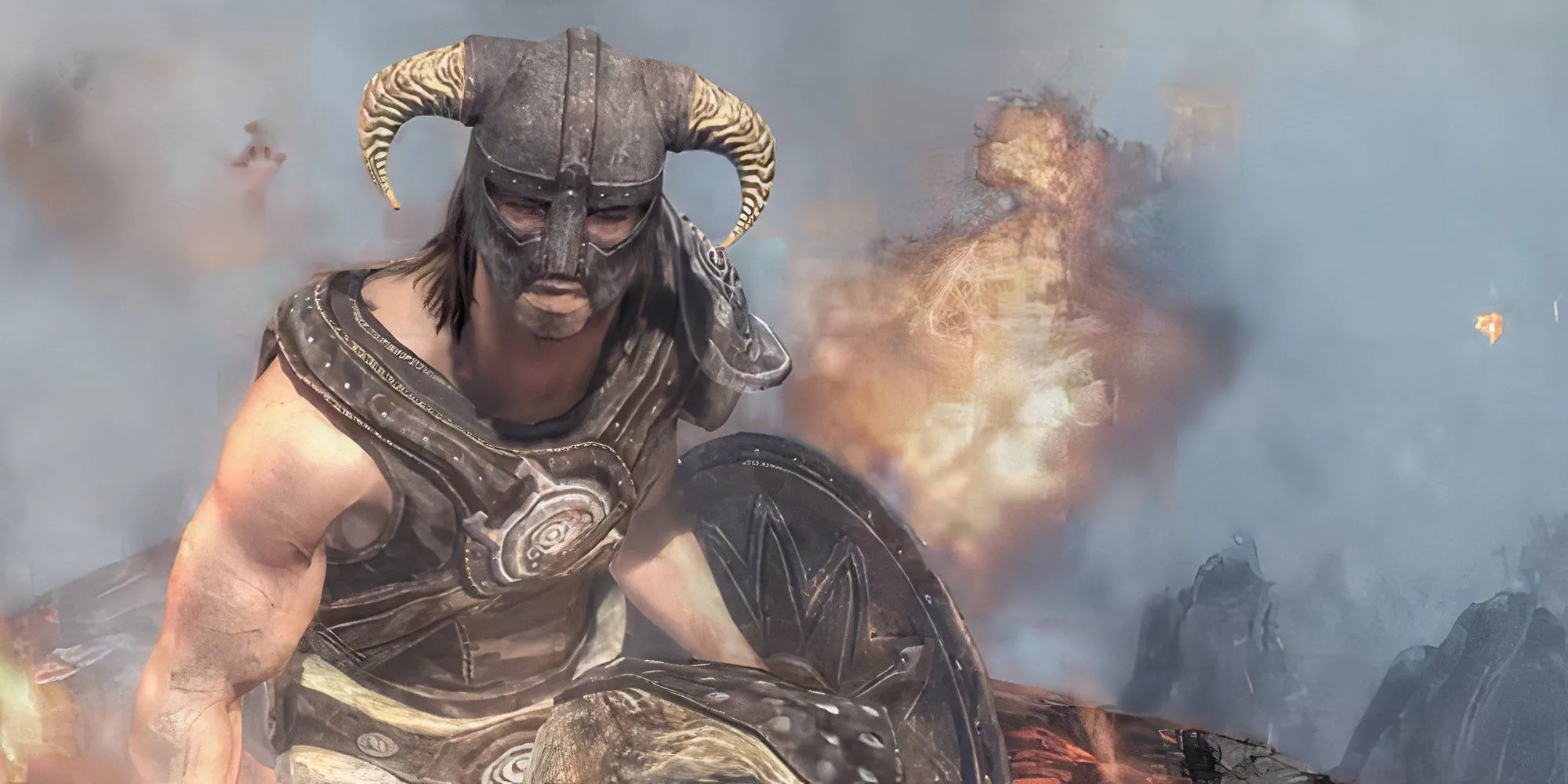 Nhân vật chính Elder Scrolls V Skyrim quanh lửa trại ngoài trời