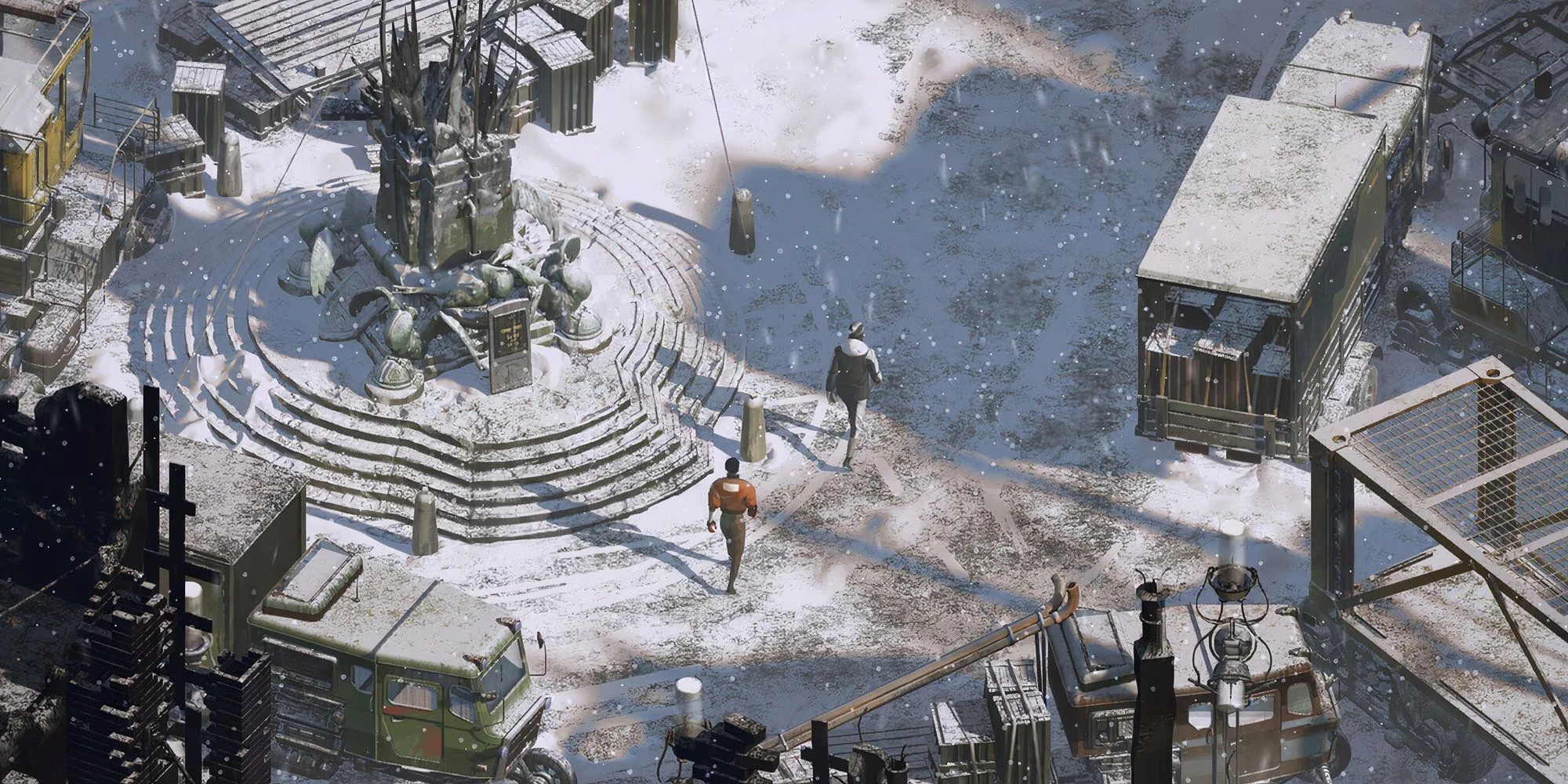 Nhân vật chính Harry Du Bois cùng cộng sự Kim Kitsuragi đi bộ trong tuyết ở Martinaise trong game Disco Elysium