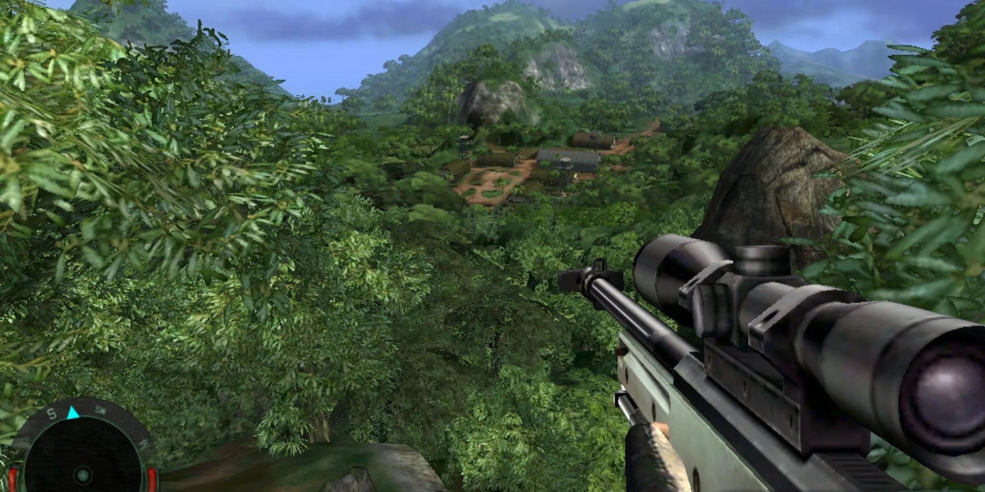 Nhân vật chính Jack Carver chiến đấu trên đảo nhiệt đới trong tựa game Far Cry (2004).