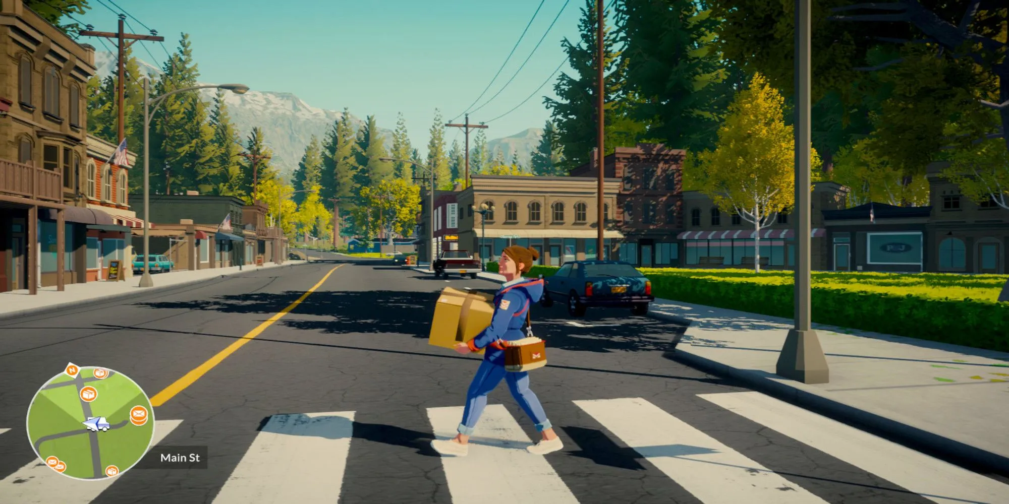 Nhân vật chính Meredith đang đi bộ qua vạch sang đường với các gói hàng trong game Lake