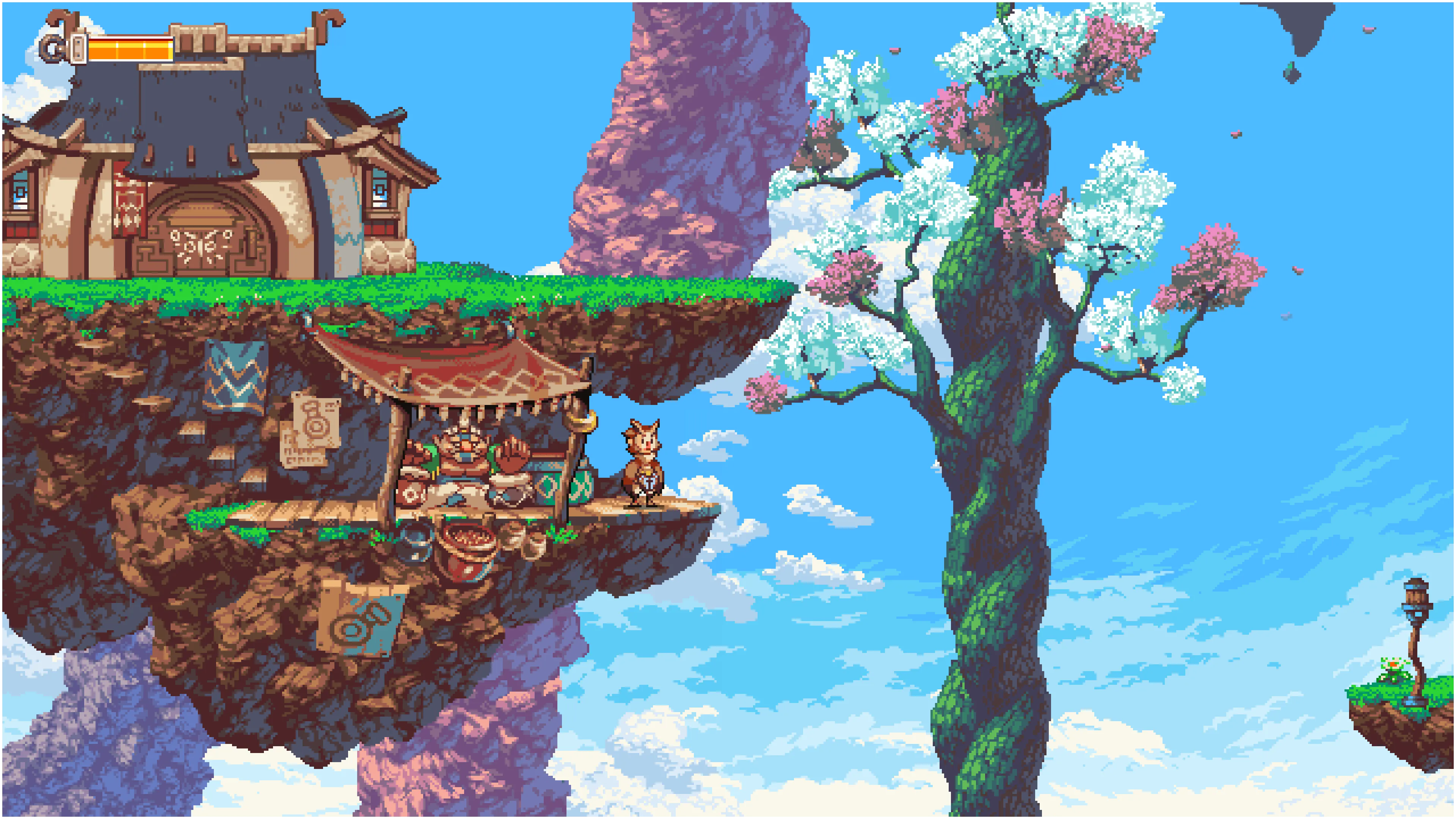 Nhân vật chính Owlboy cùng một thành viên tổ đội bay trên không trong thế giới game