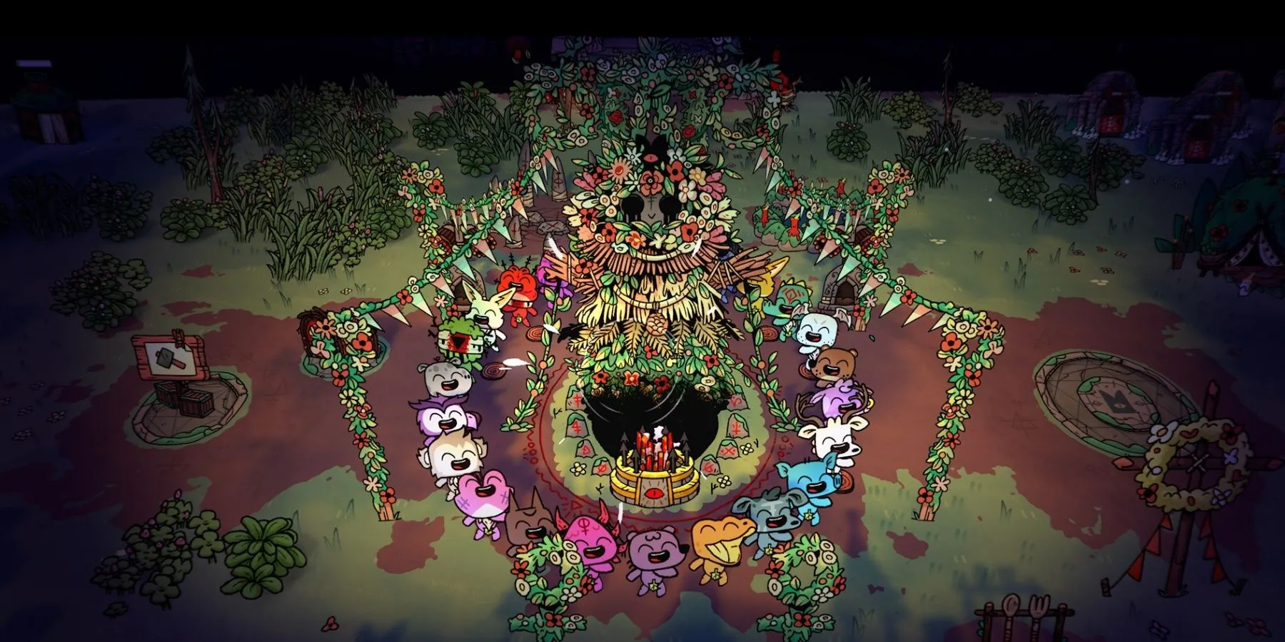 Nhân vật chính (The Lamb) trong Cult of the Lamb đang thực hiện nghi lễ nhảy múa