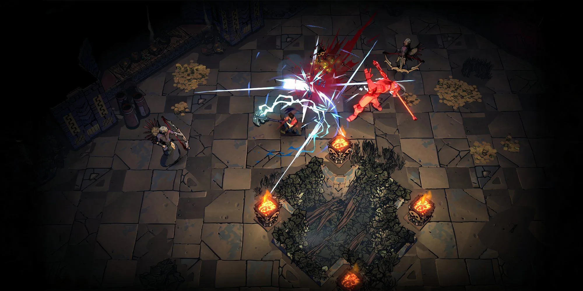 Nhân vật chính trong Curse of the Dead Gods chiến đấu với một con quái vật trong một ngôi đền cổ tối tăm