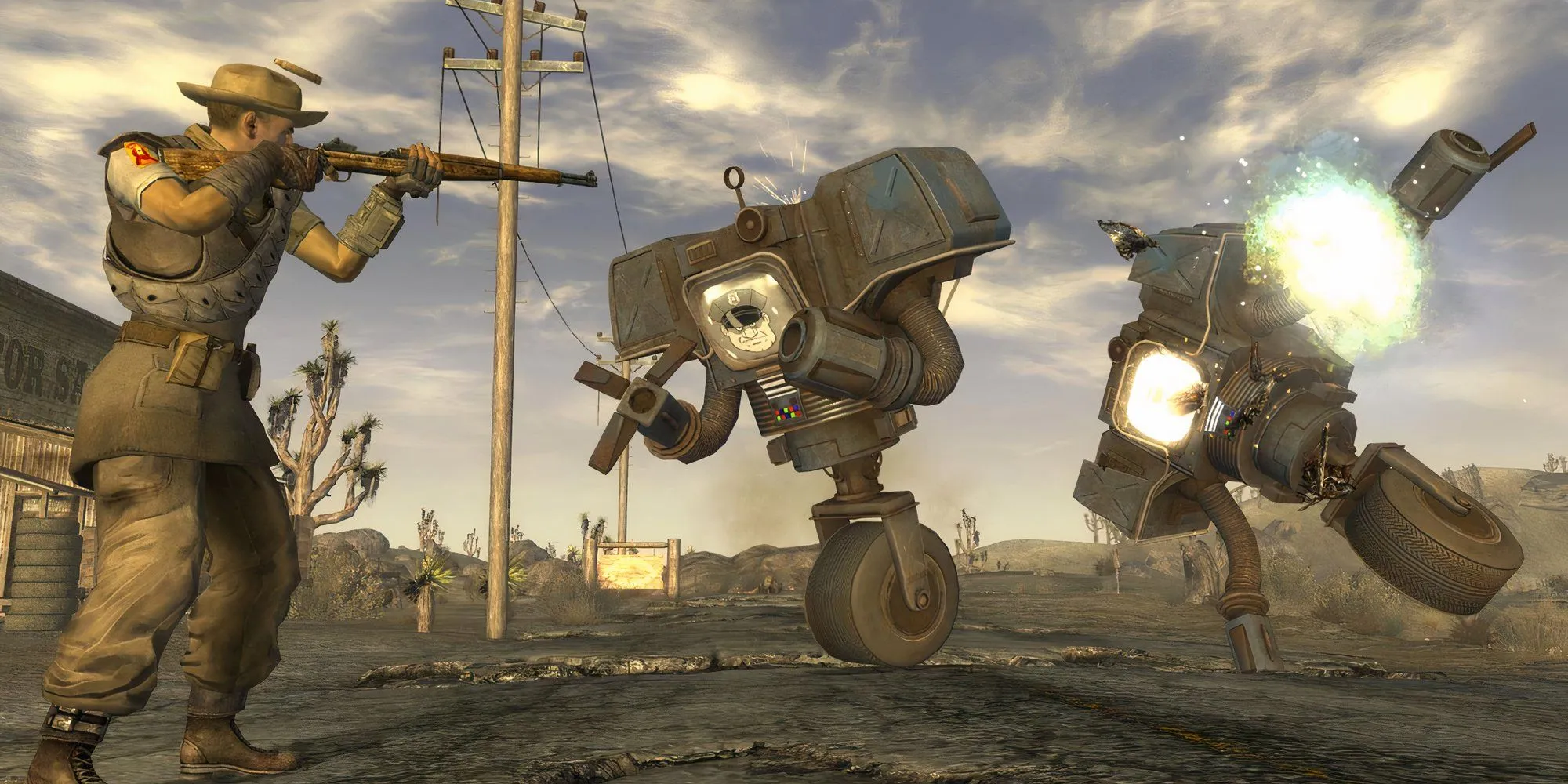 Nhân vật chính trong Fallout New Vegas đang chiến đấu bằng shotgun trong bối cảnh hậu tận thế