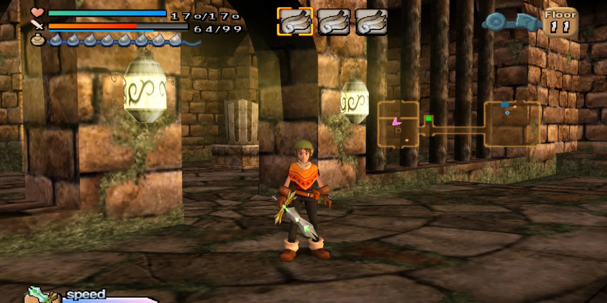 Nhân vật chính trong game Dark Cloud PS2 đang khám phá hầm ngục với đồ họa 3D đời đầu