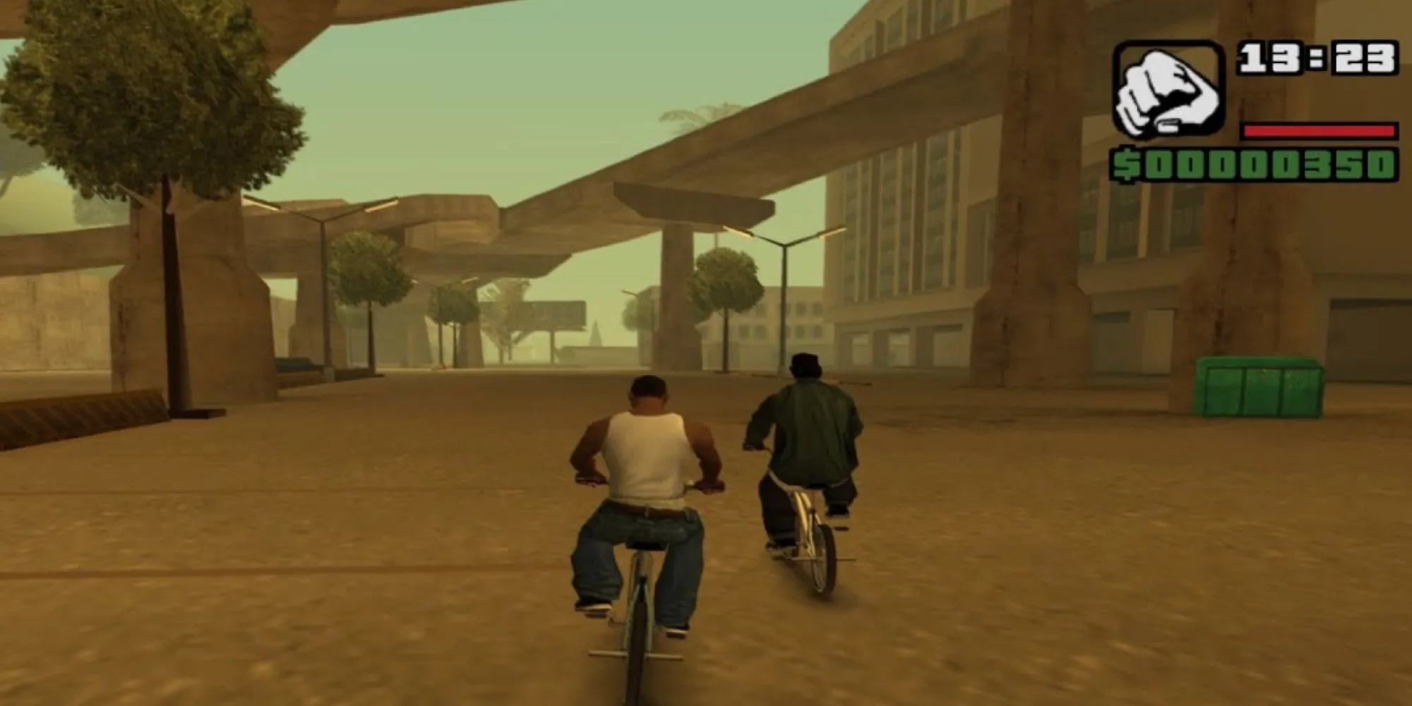 Nhân vật CJ trong Grand Theft Auto San Andreas đứng giữa đường phố Los Santos quen thuộc