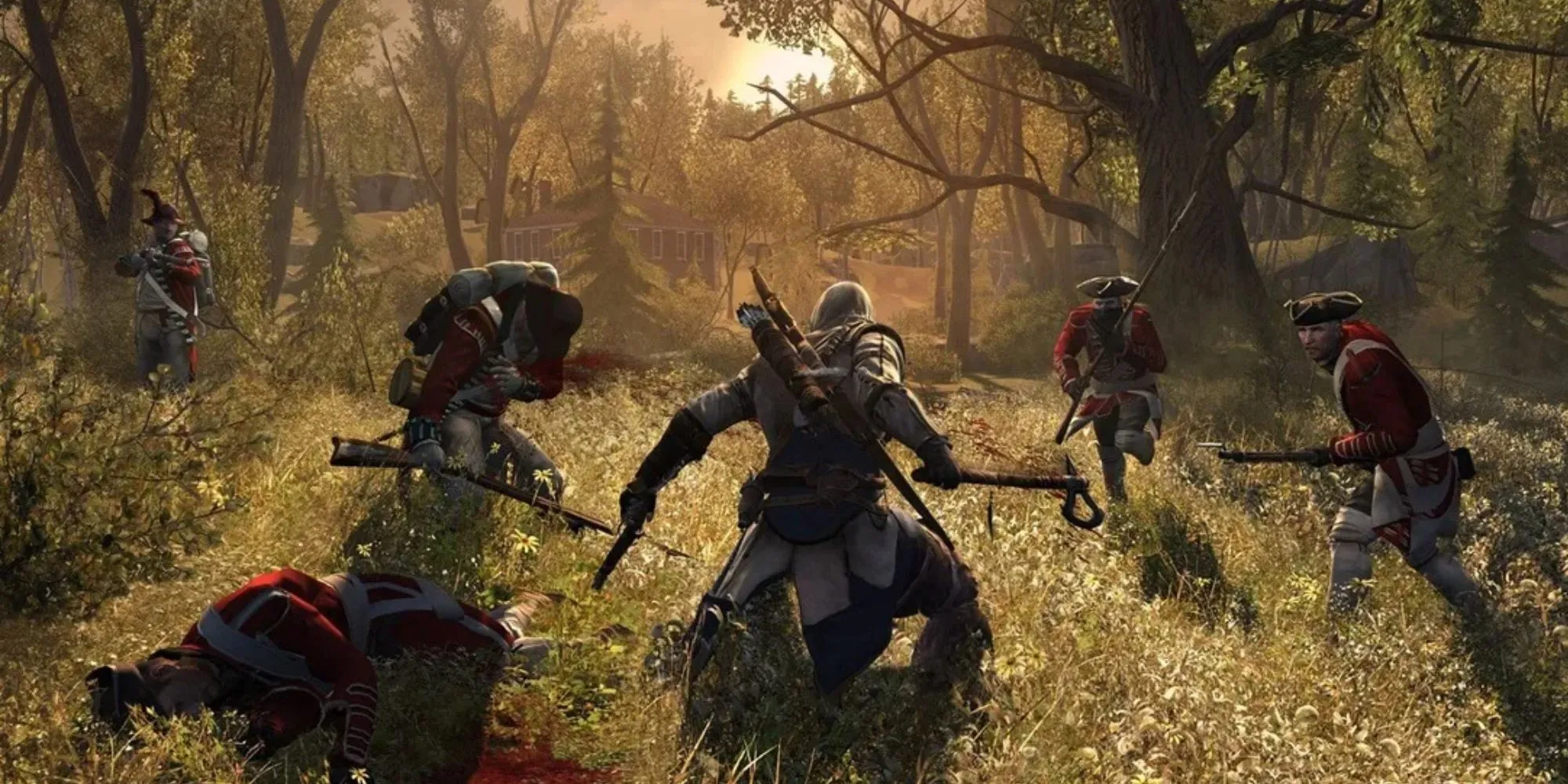 Nhân vật Connor Kenway trong Assassin's Creed 3 đứng giữa khung cảnh chiến trận
