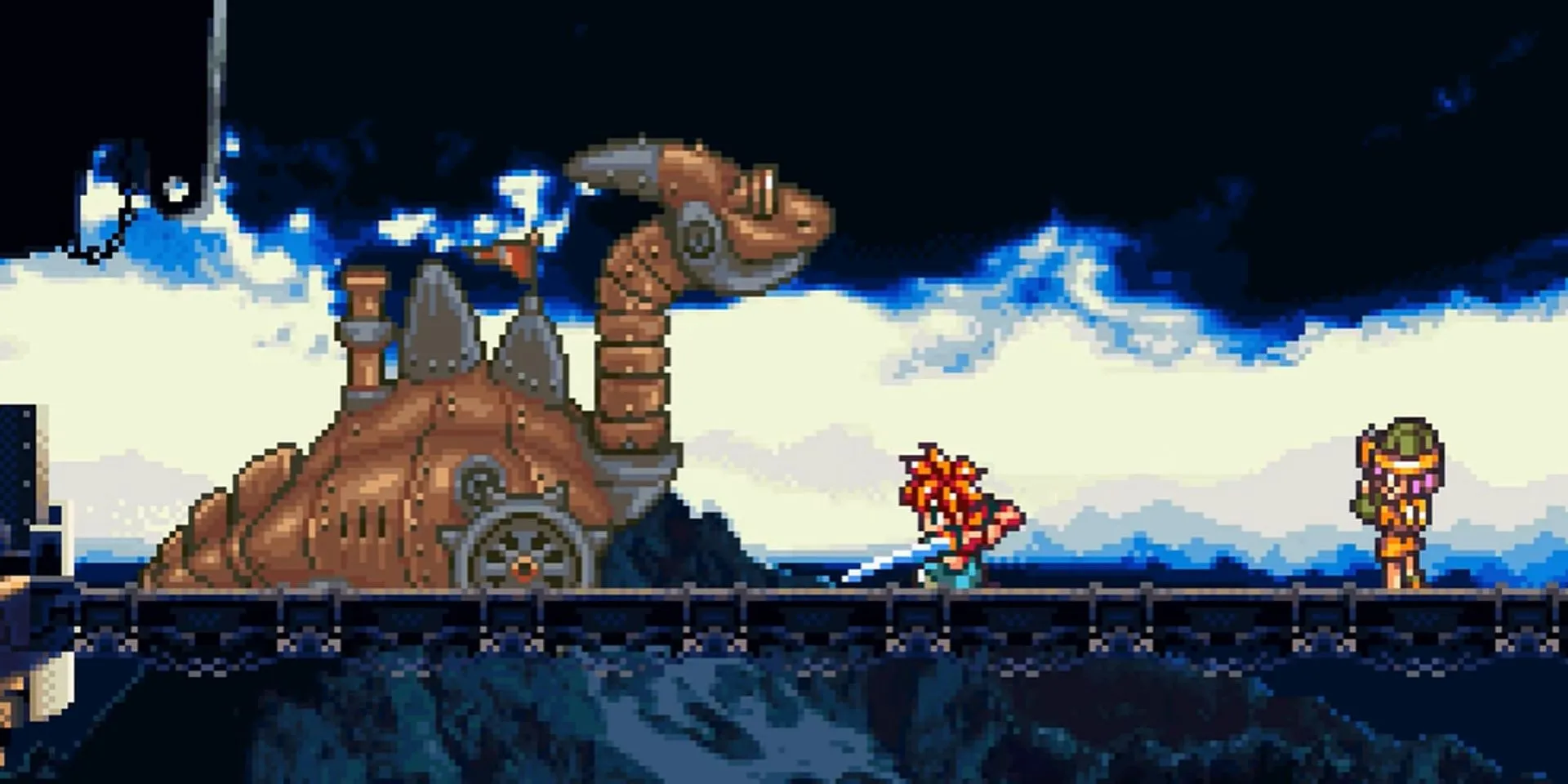 Nhân vật Crono và Luca chiến đấu với Dragon Tank trong game Chrono Trigger