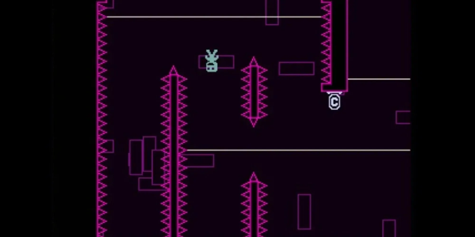 Nhân vật của game VVVVVV đảo ngược trọng lực để di chuyển giữa sàn và trần nhà trong môi trường đồ họa tối giản