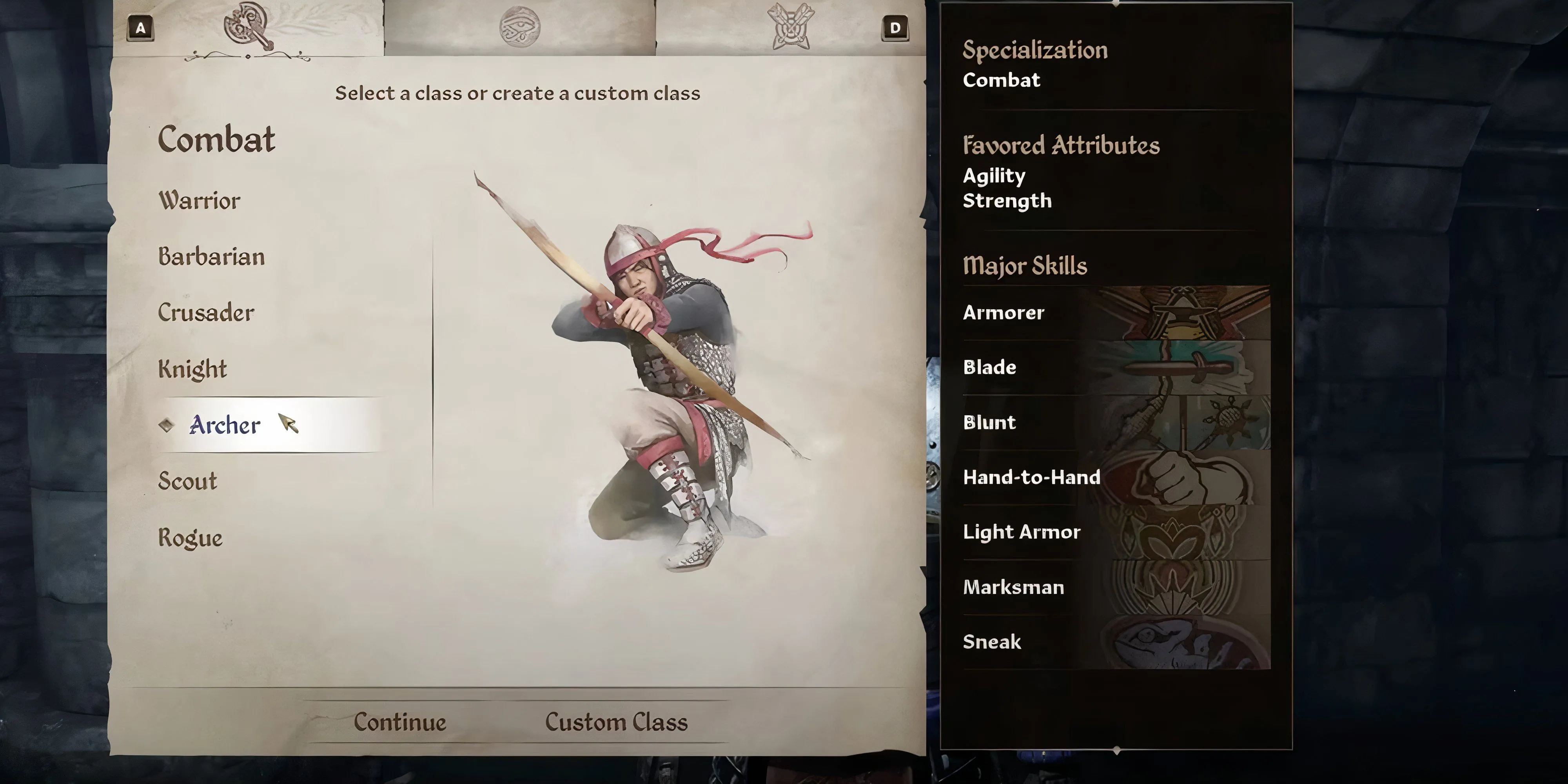 Nhân vật Cung thủ (Archer) trong màn hình tạo hình nhân vật của Oblivion Remastered, minh họa cho việc lựa chọn class ban đầu