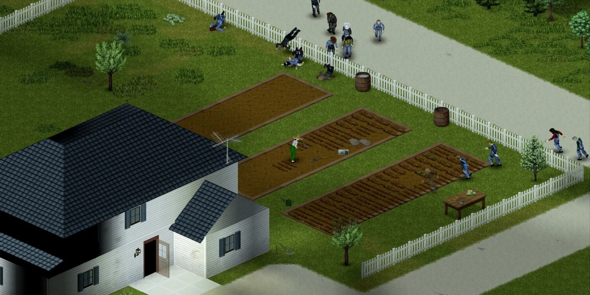 Nhân vật đang cố gắng sinh tồn giữa bầy zombie trong Project Zomboid với bối cảnh Louisville