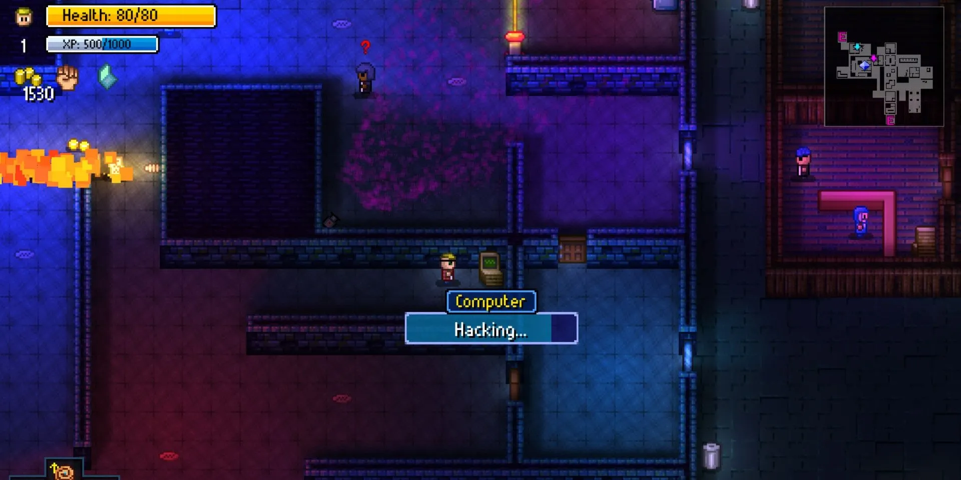 Nhân vật đang hack máy tính trong Streets of Rogue