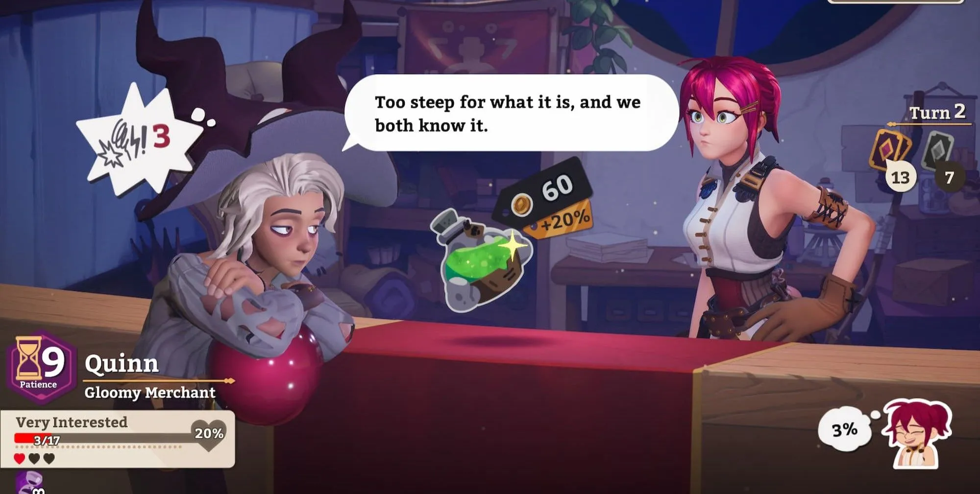 Nhân vật đang mặc cả giá cả trong game Potionomics