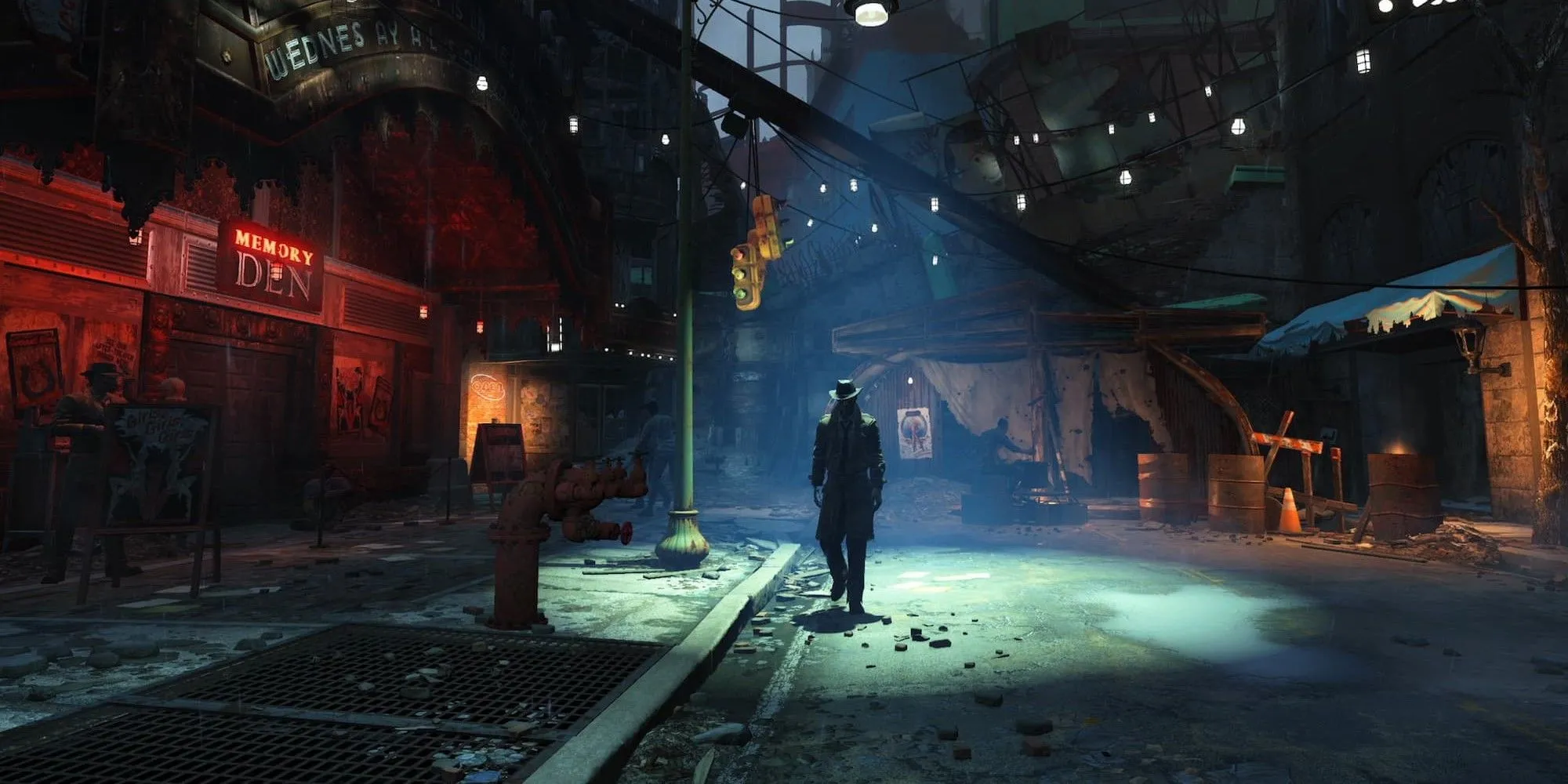 Nhân vật đi bộ trên con phố tối tăm, hoang tàn trong thế giới hậu tận thế của Fallout 4