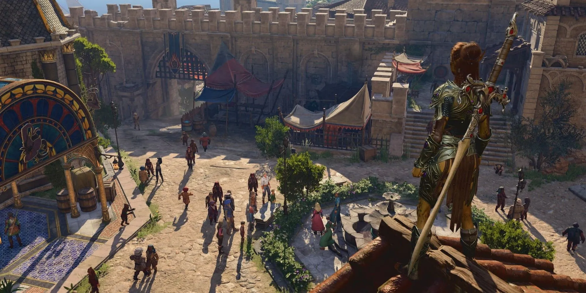 Nhân vật đứng nhìn xuống một thành phố rộng lớn trong Baldur's Gate 3, thể hiện môi trường thế giới mở