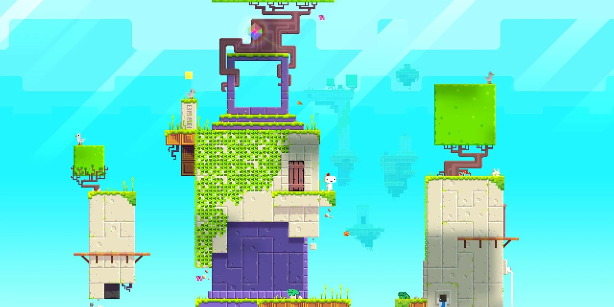 Nhân vật Gomez trong Fez đứng giữa một thế giới pixel độc đáo